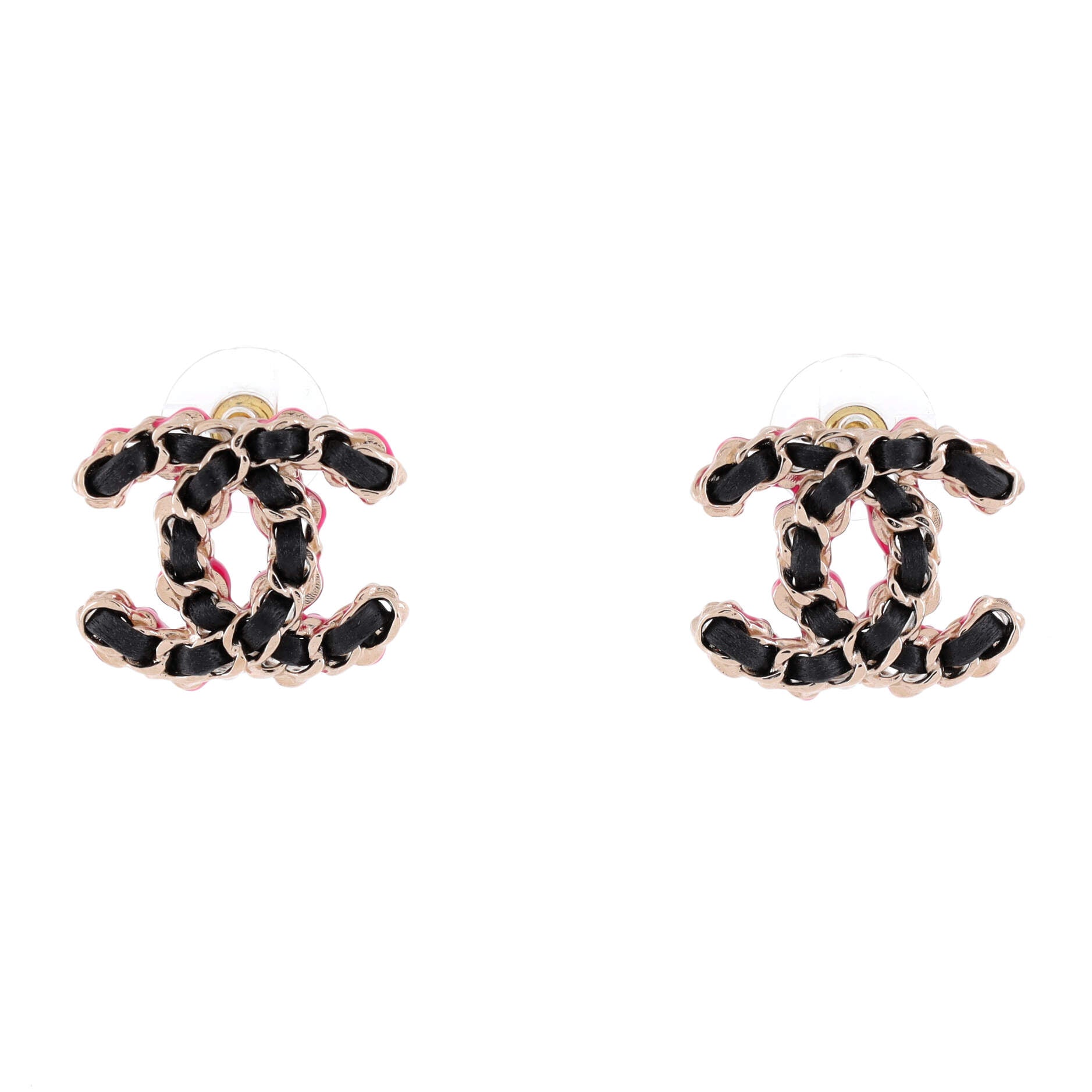 CC Chain Stud Earrings Metal and Enamel with Leather