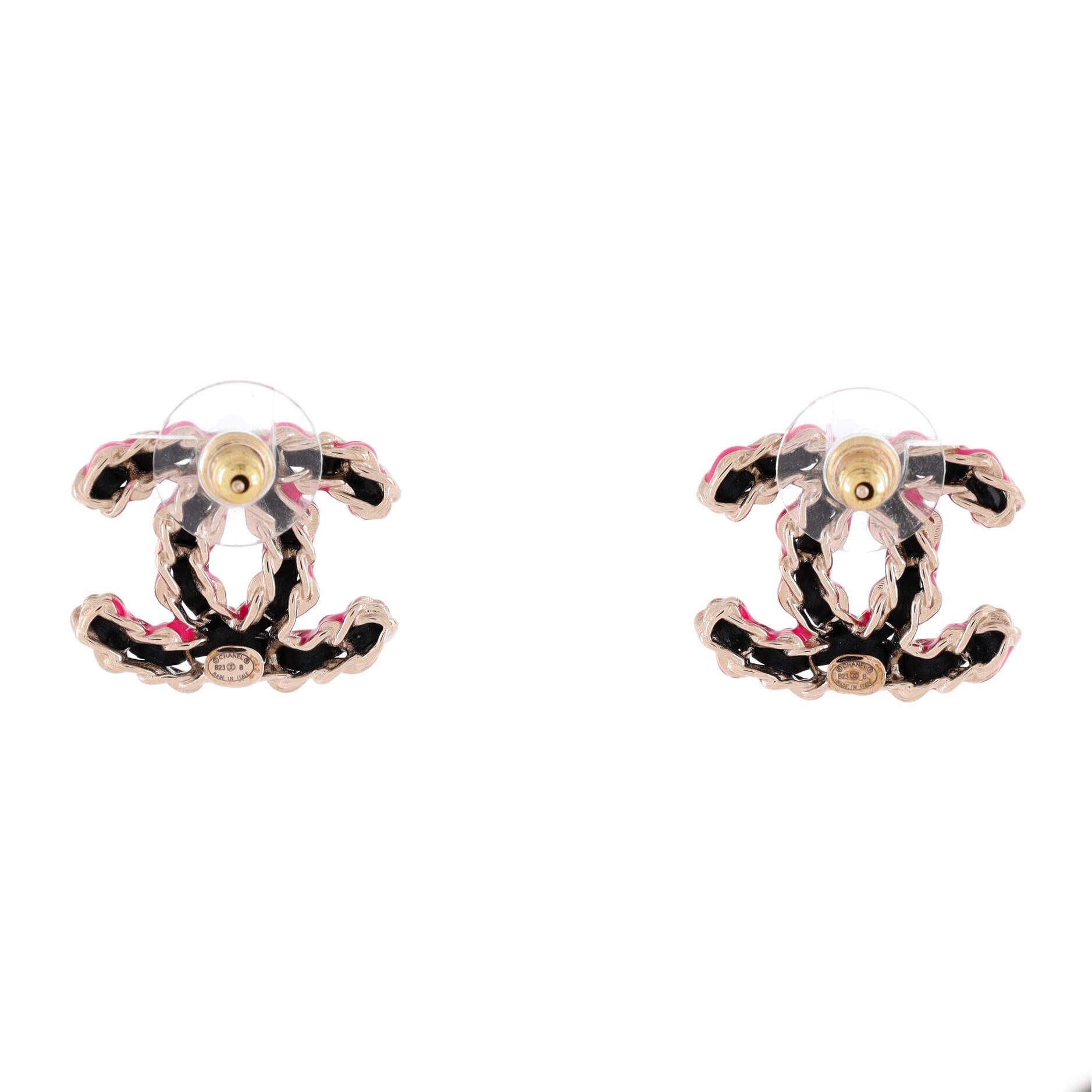 CC Chain Stud Earrings Metal and Enamel with Leather
