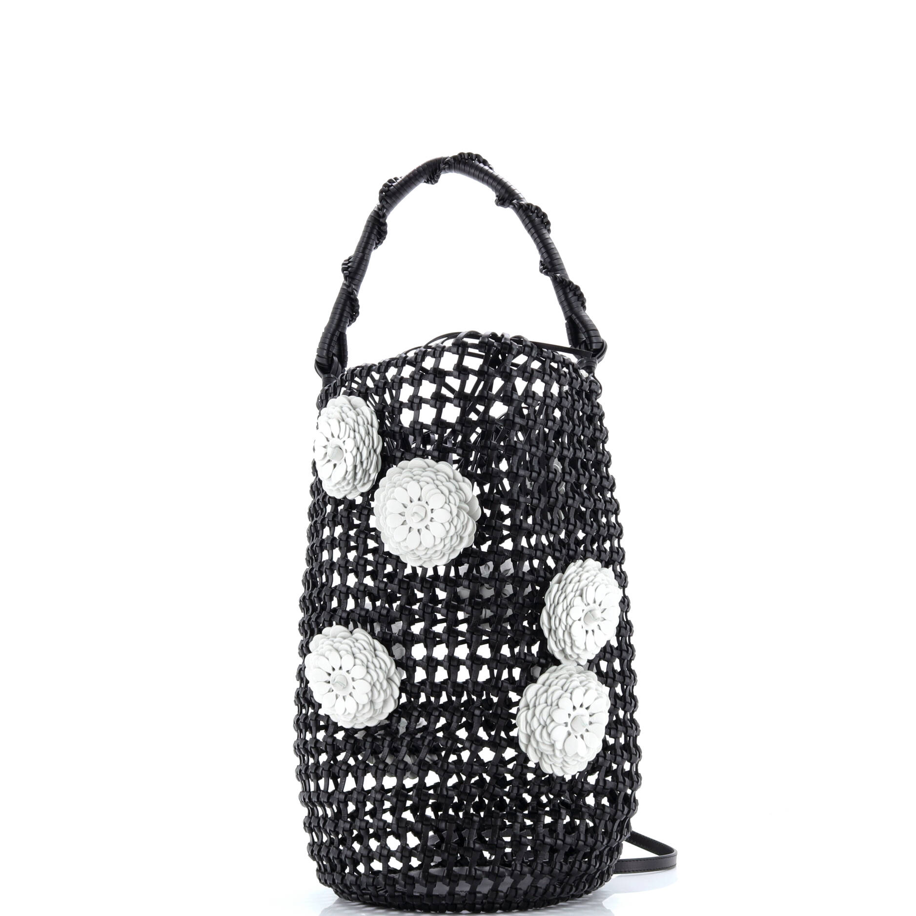 Flower Mesh Bucket Bag Woven Leather with Applique