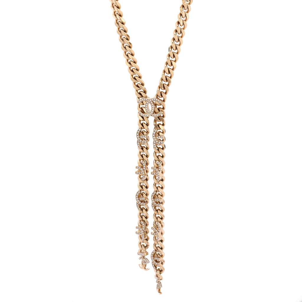 CC Curb Chain Lariat Necklace Metal with Crystals