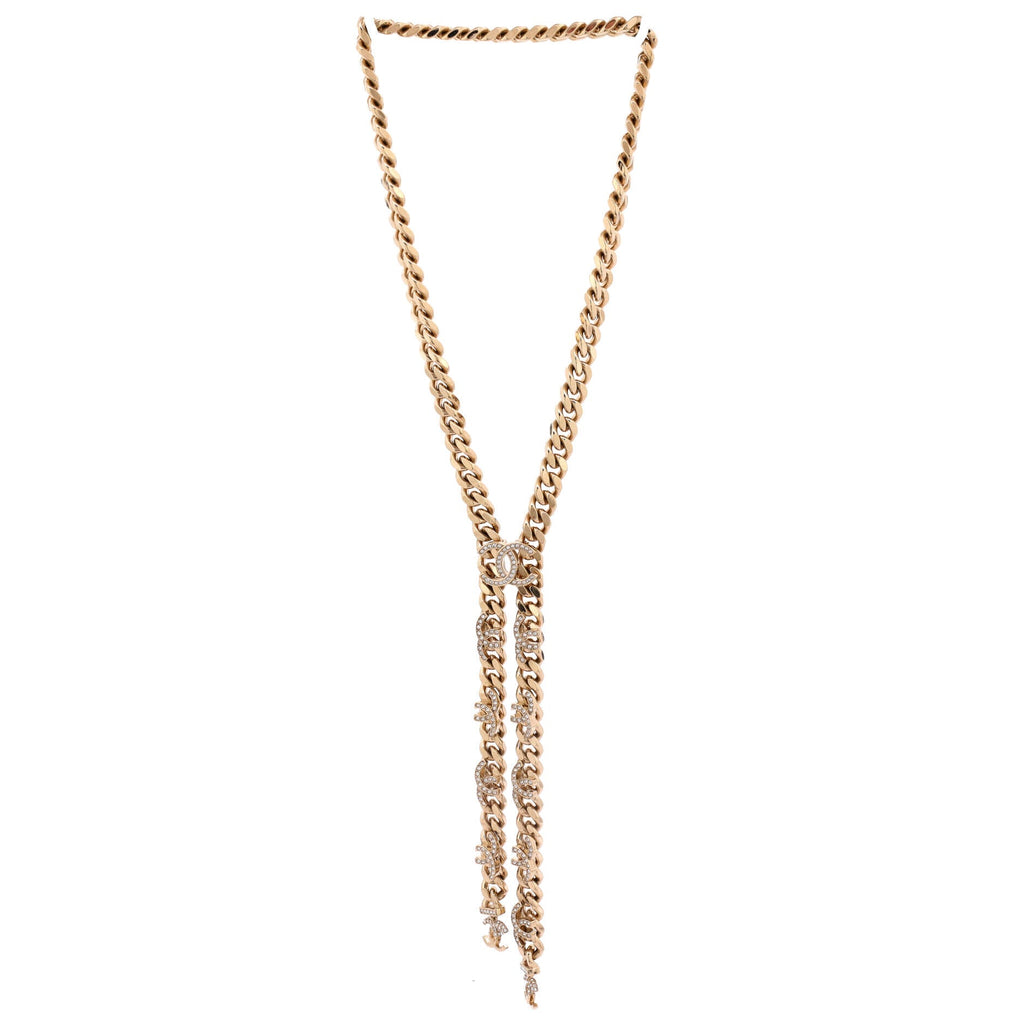 CC Curb Chain Lariat Necklace Metal with Crystals