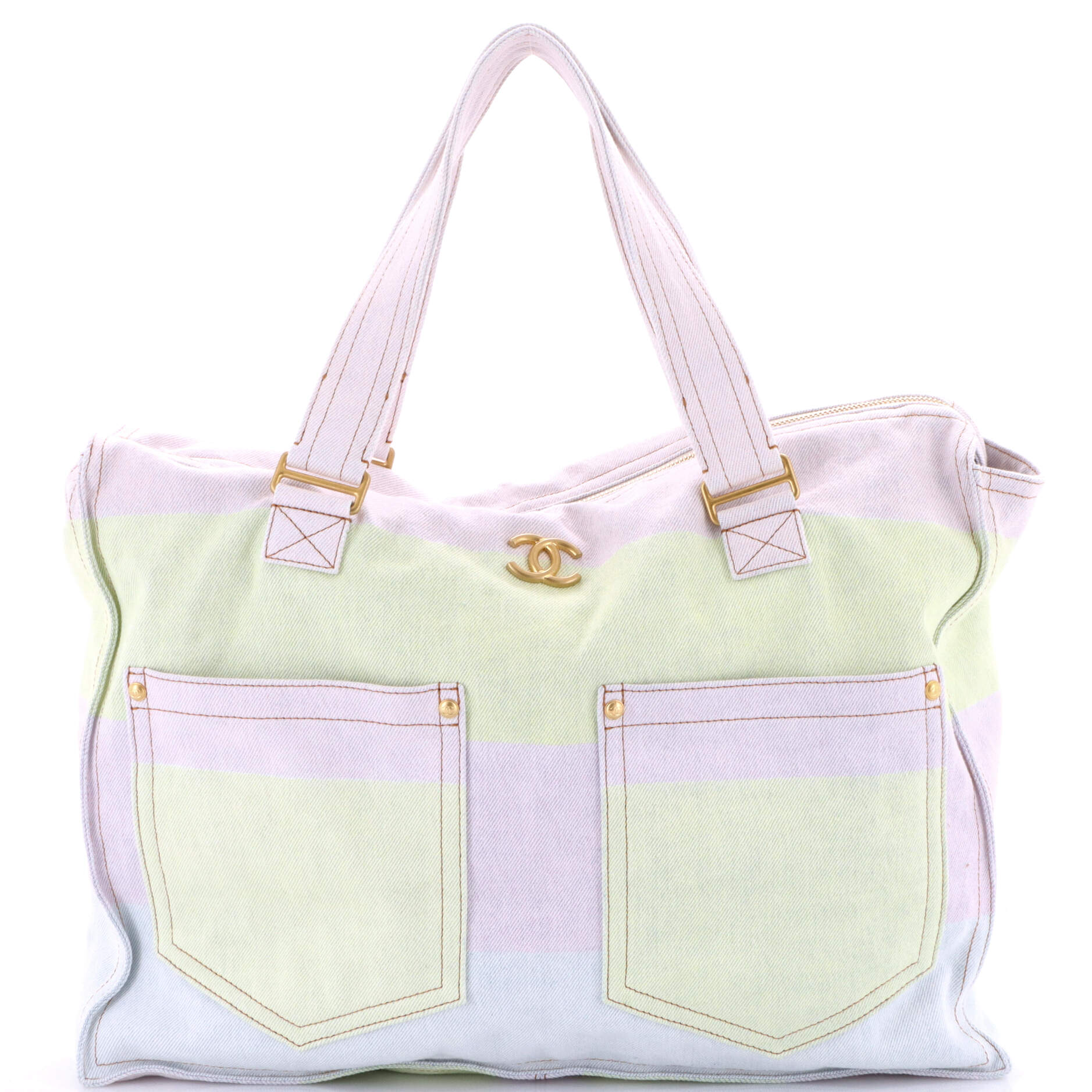 CC Double Pocket Tote Striped Denim Large