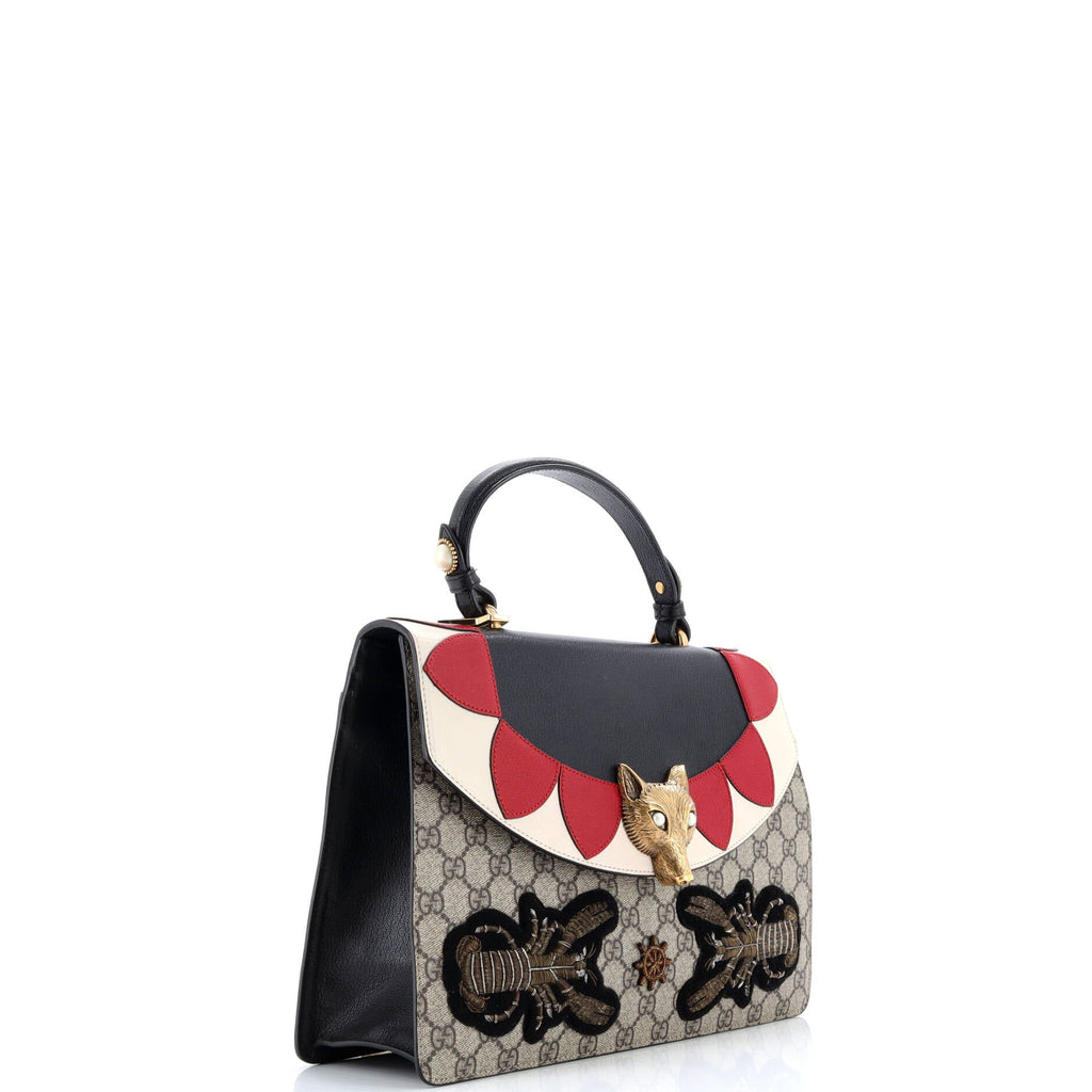 Broche Top Handle Bag Embroidered GG Coated Canvas and Leather Medium