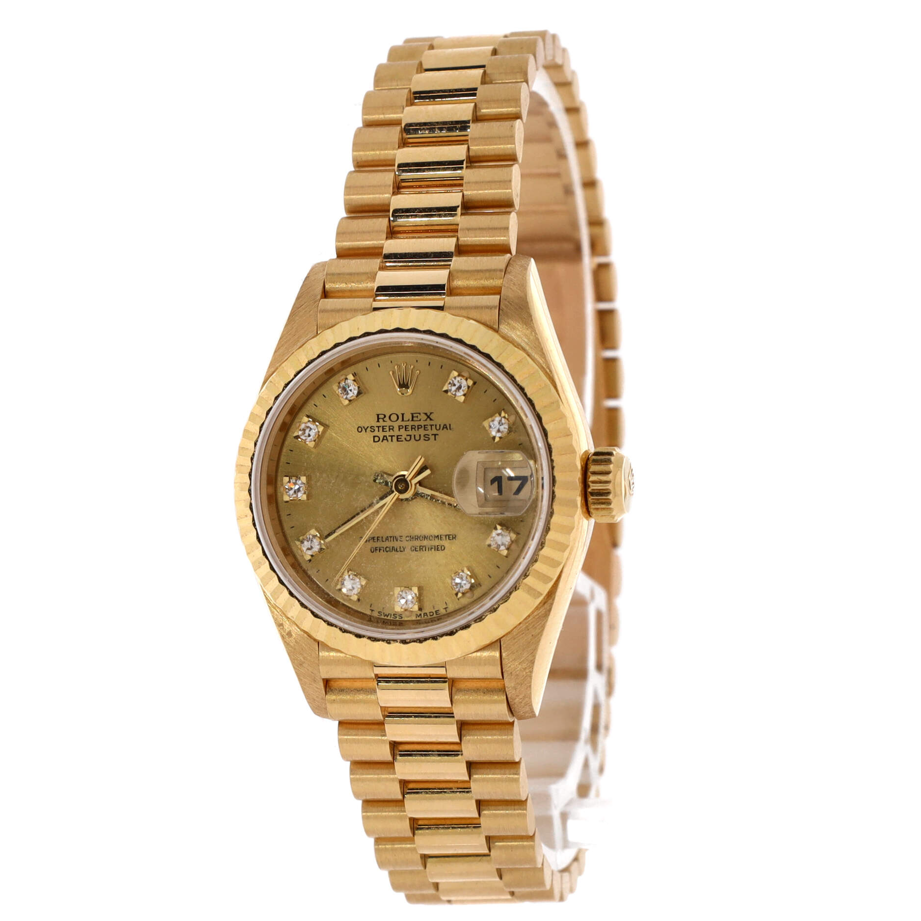 Oyster Perpetual President Datejust Automatic Watch Yellow Gold with Diamond Markers 26