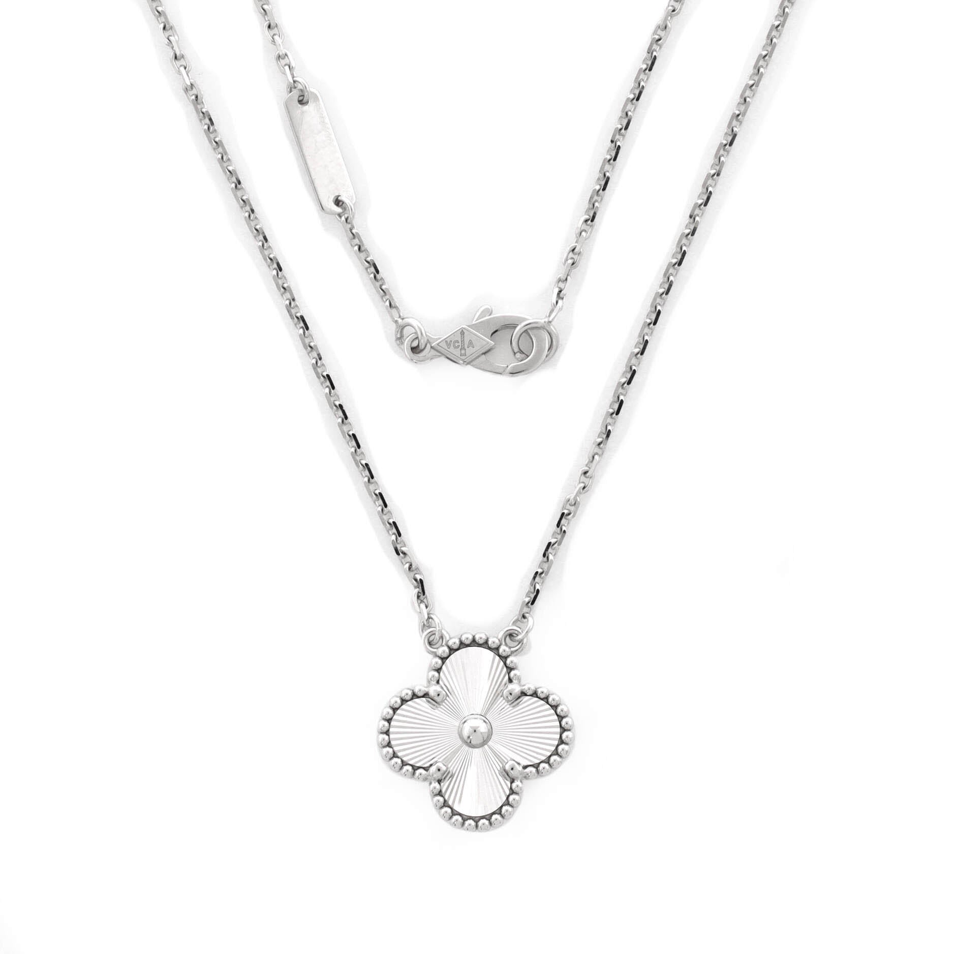 Vintage Alhambra Pendant Necklace Guilloche 18K White Gold