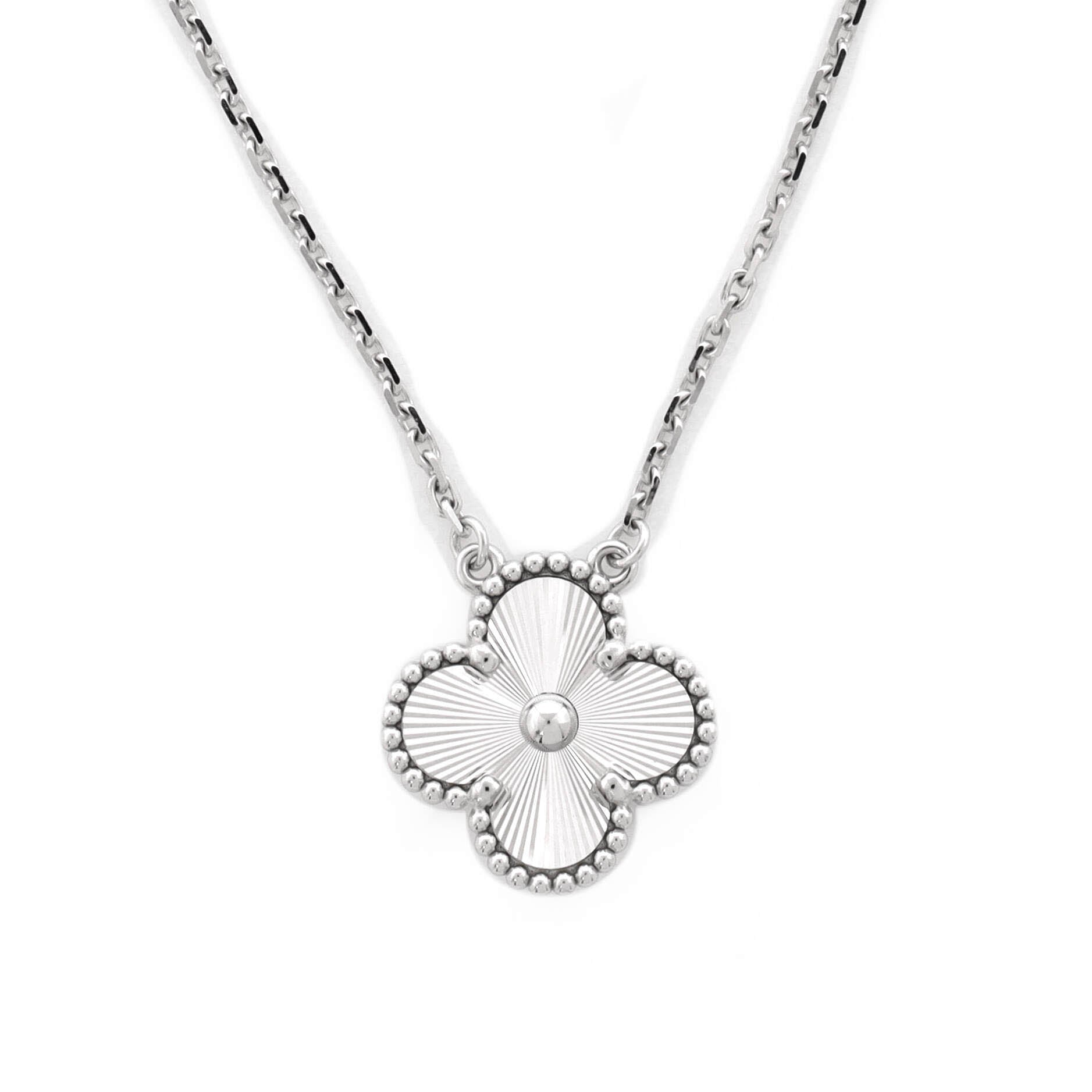 Vintage Alhambra Pendant Necklace Guilloche 18K White Gold