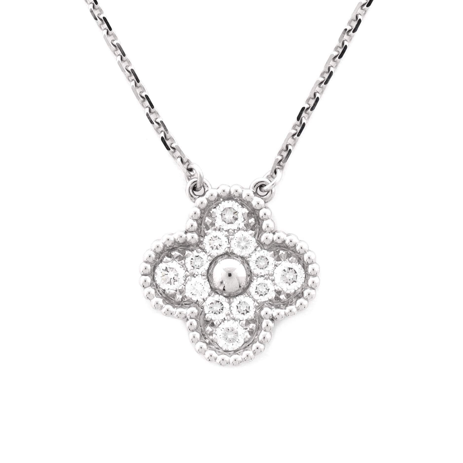 Vintage Alhambra Pendant Necklace 18K White Gold and Diamonds