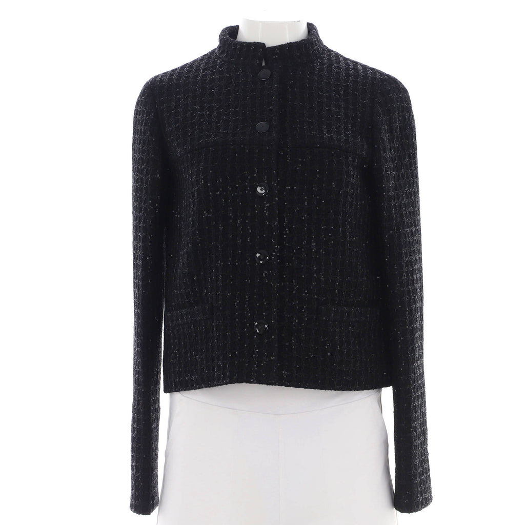 Women's Collarless Button Up Jacket Sequin Embellished Tweed