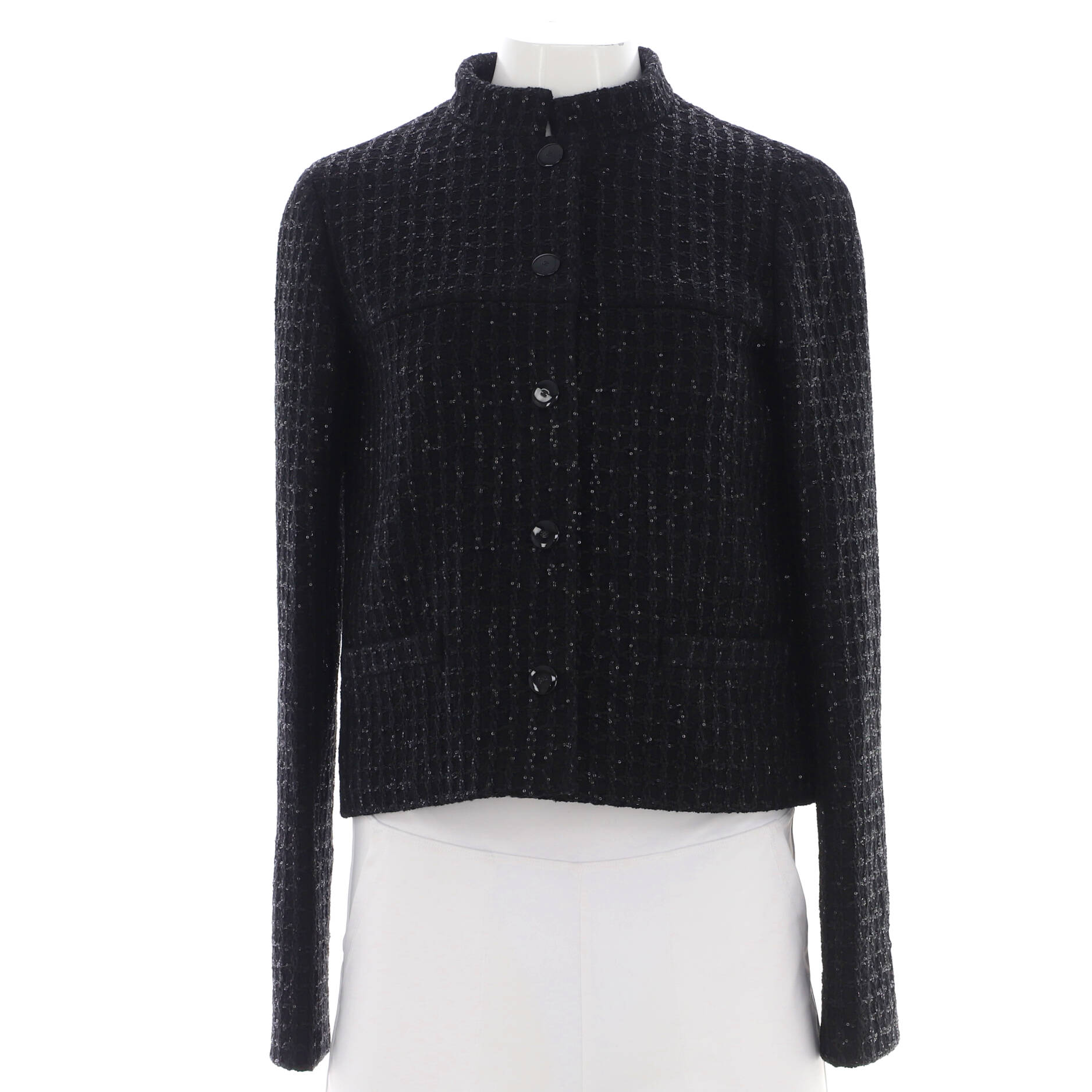 Women's Collarless Button Up Jacket Sequin Embellished Tweed