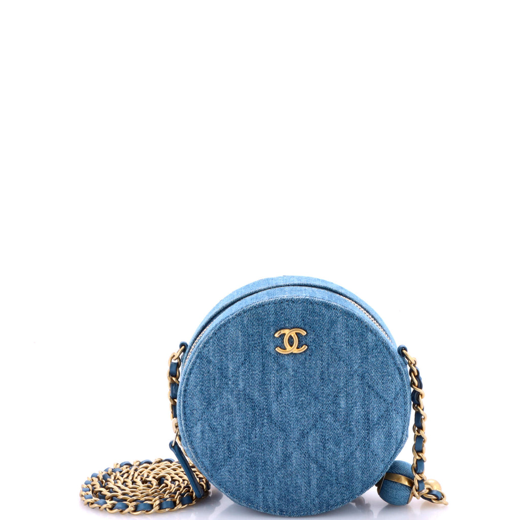 Pearl Crush Round Clutch with Chain Quilted Denim