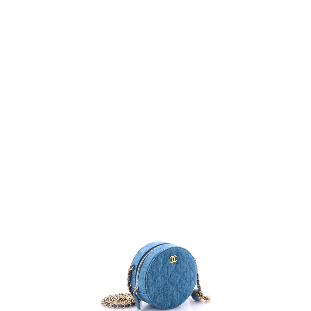 Pearl Crush Round Clutch with Chain Quilted Denim