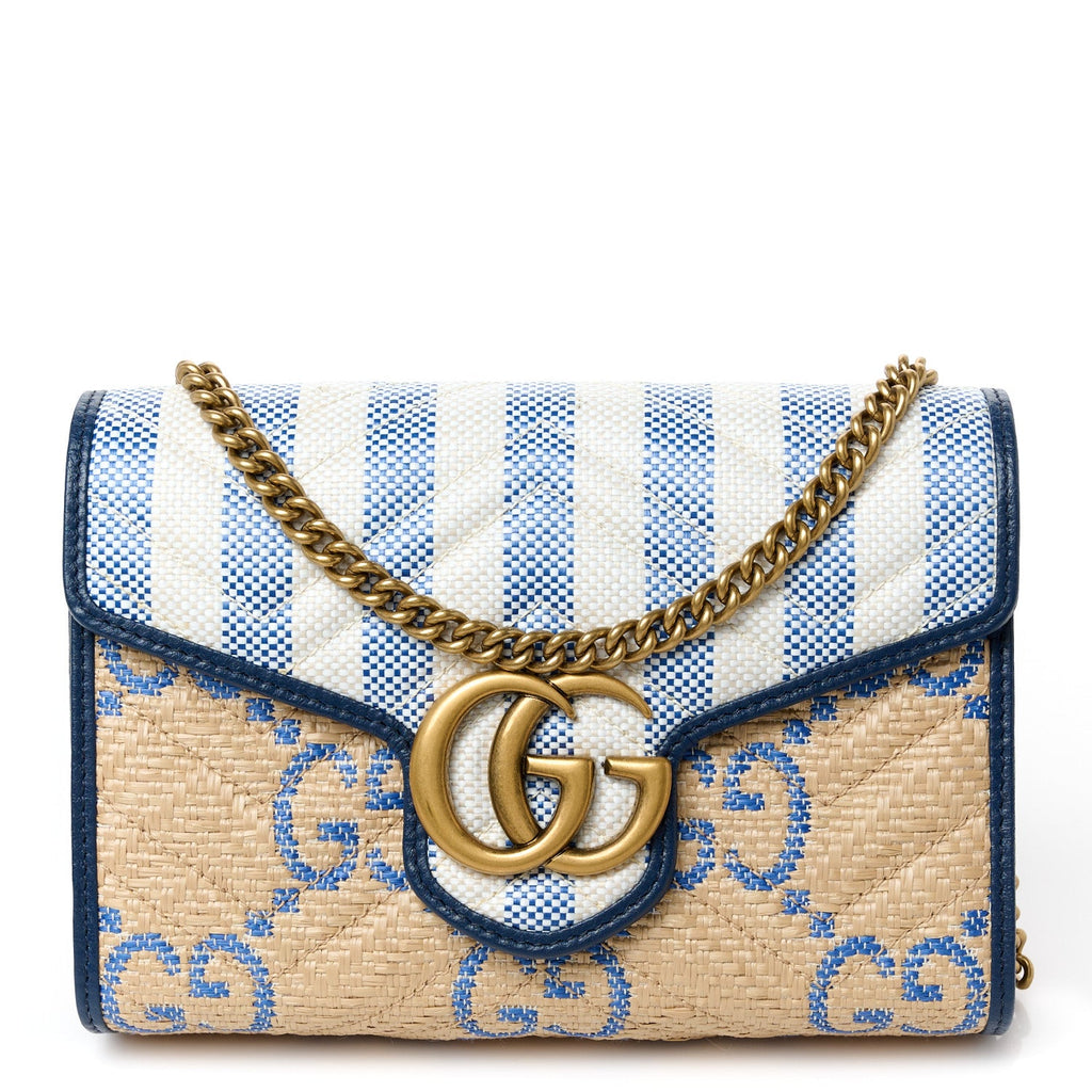 Raffia GG Monogram Matelasse GG Marmont Chain Wallet Mystic White Royale Natural