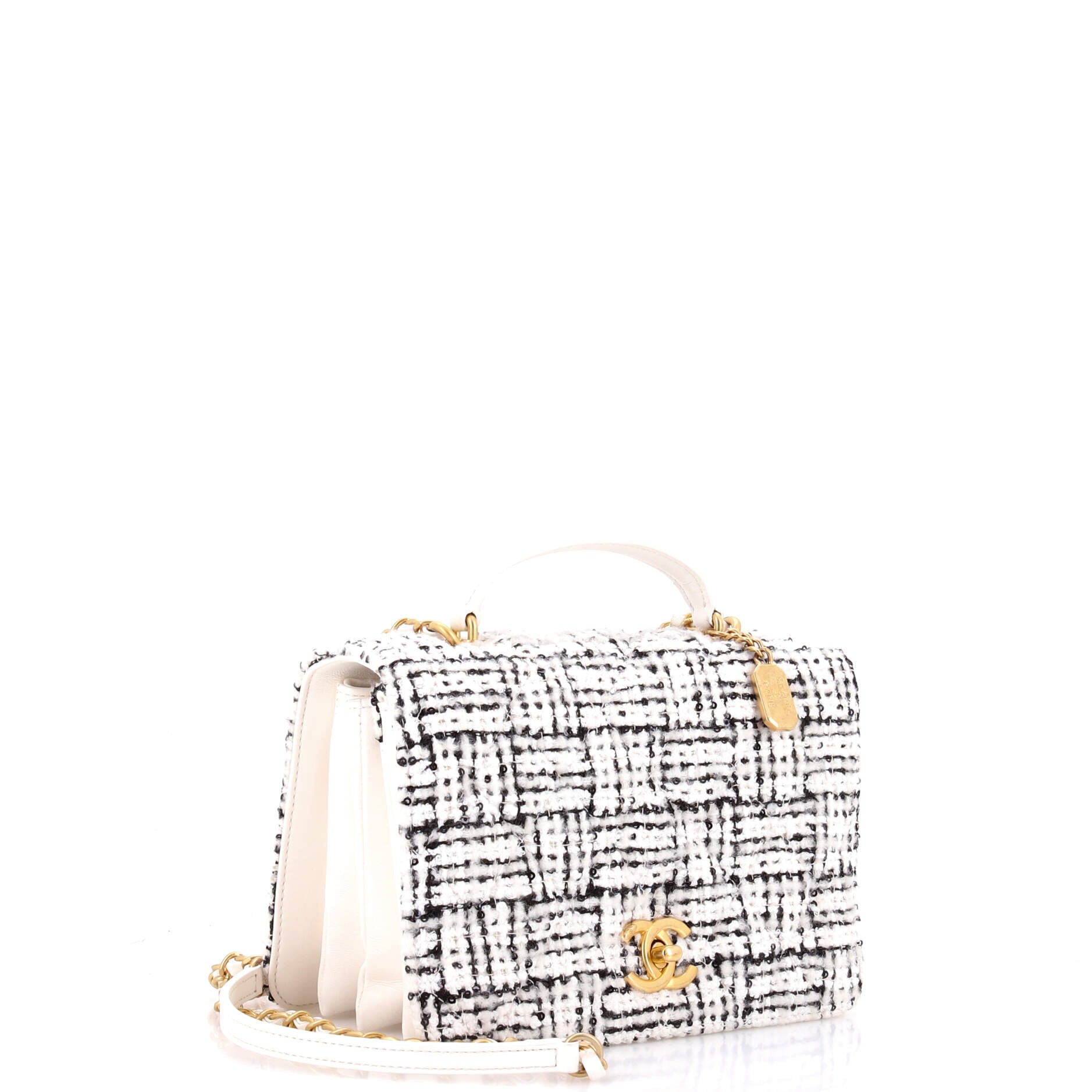 CC Top Handle Chain Full Flap Bag Quilted Tweed and Sequins with Lambskin Small
