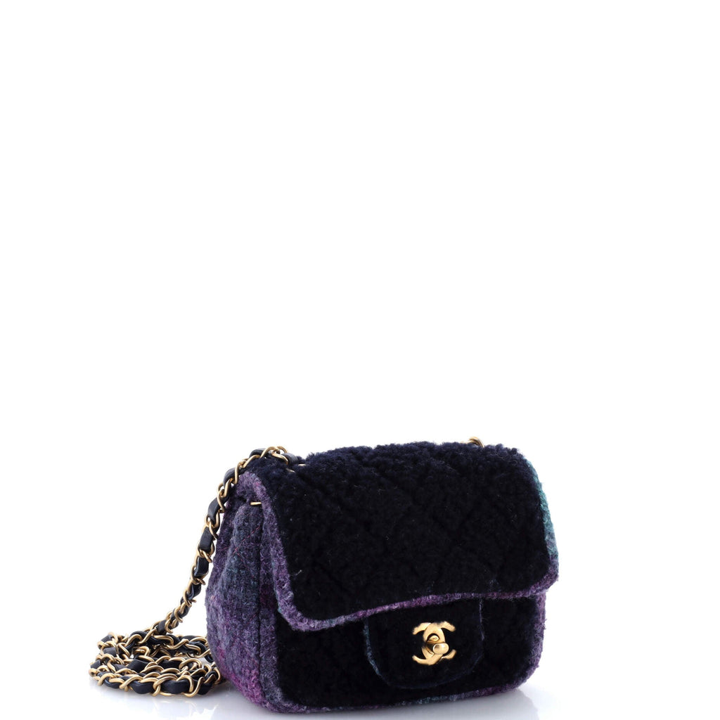 Square Classic Single Flap Bag Quilted Shearling and Tweed Mini