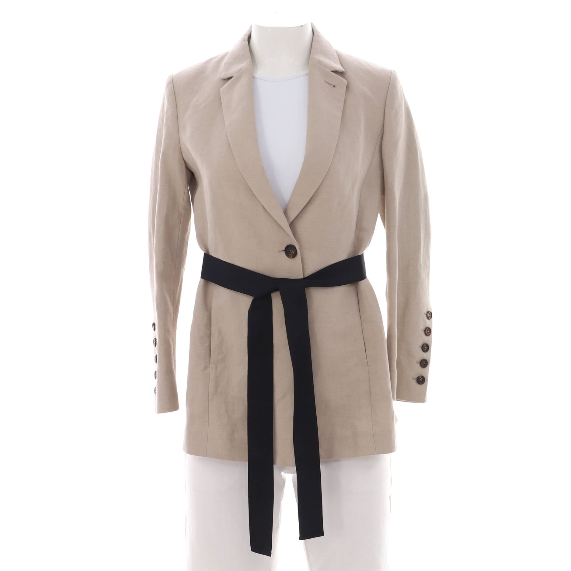 Women's Single Button Belted Blazer Linen and Cotton Blend