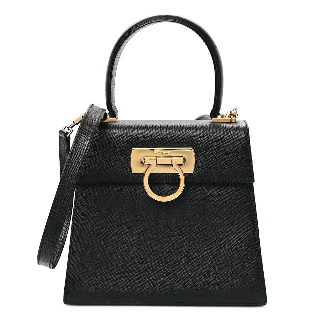 Hammered Calfskin Small Iconic Top Handle Bag Black