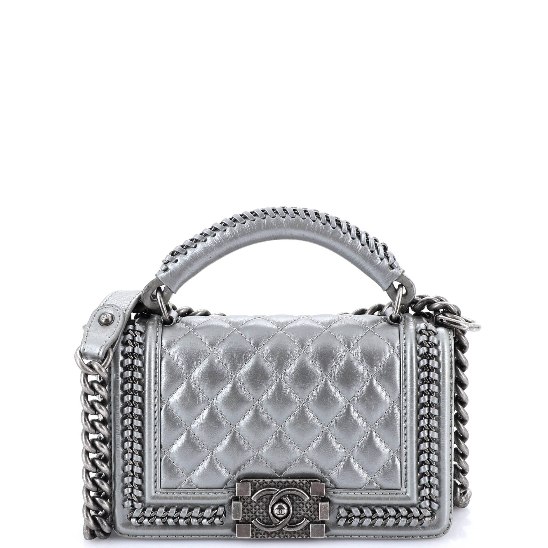 Chain Handle Boy Flap Bag Quilted Calfskin Small