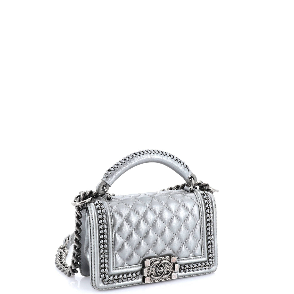 Chain Handle Boy Flap Bag Quilted Calfskin Small
