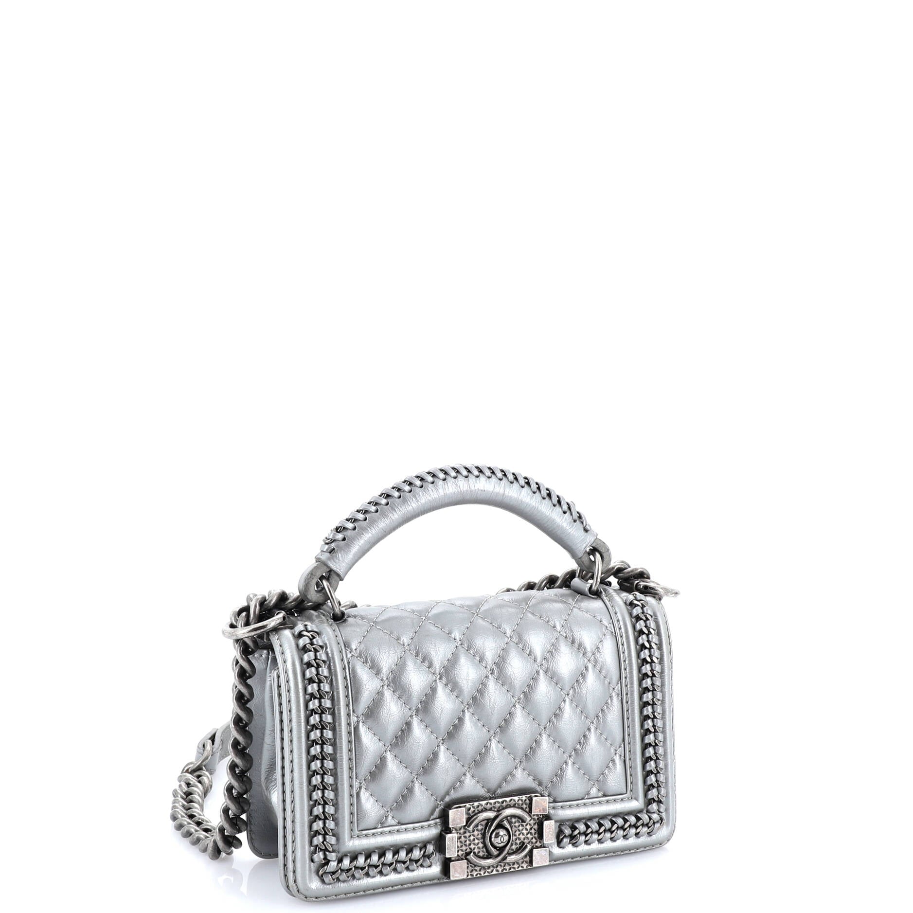 Chain Handle Boy Flap Bag Quilted Calfskin Small