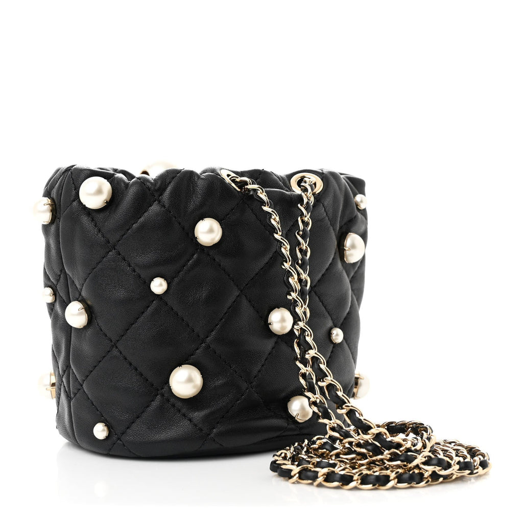 Lambskin Quilted Pearl Mini About Pearls Drawstring Bag Black