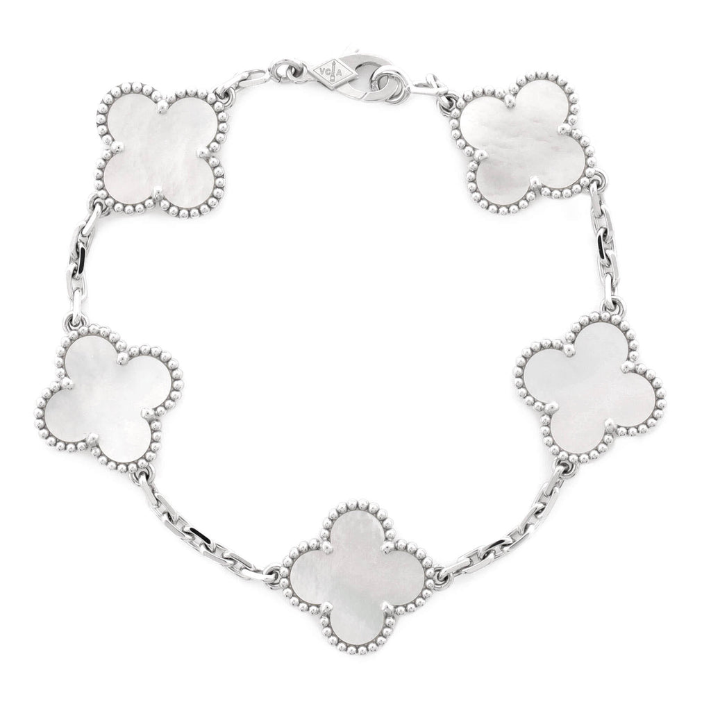 Vintage Alhambra 5 Motifs Bracelet 18K White Gold and Mother of Pearl