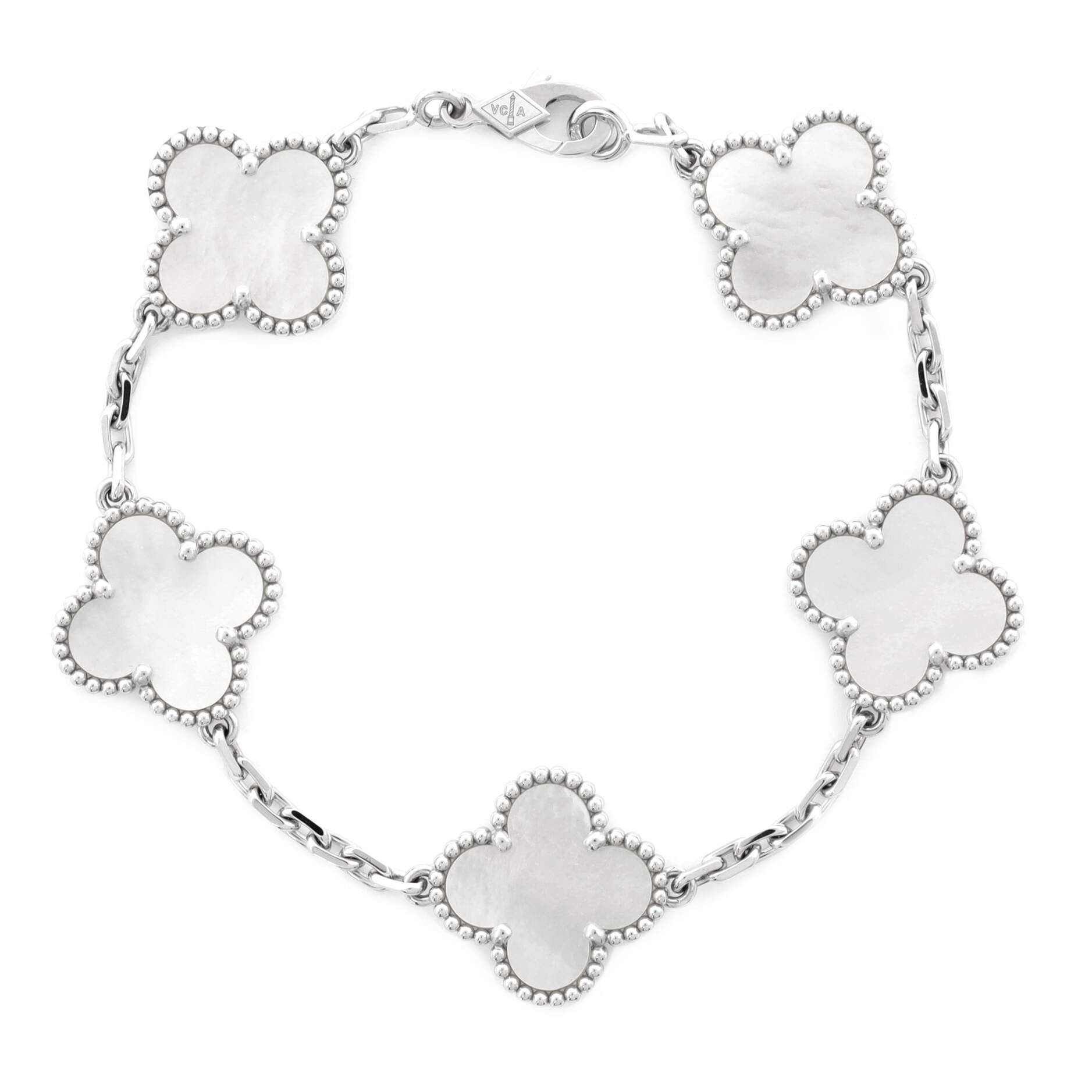 Vintage Alhambra 5 Motifs Bracelet 18K White Gold and Mother of Pearl