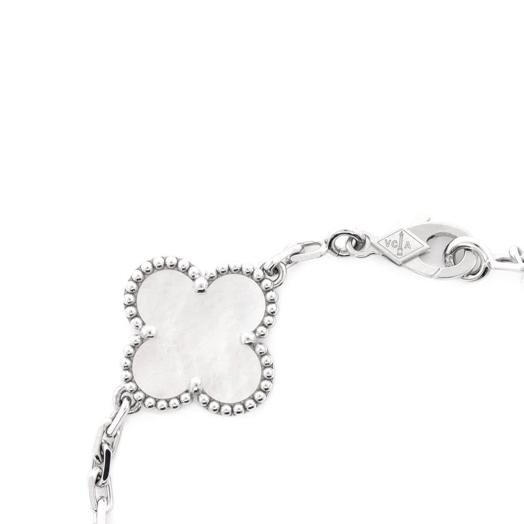 Vintage Alhambra 5 Motifs Bracelet 18K White Gold and Mother of Pearl