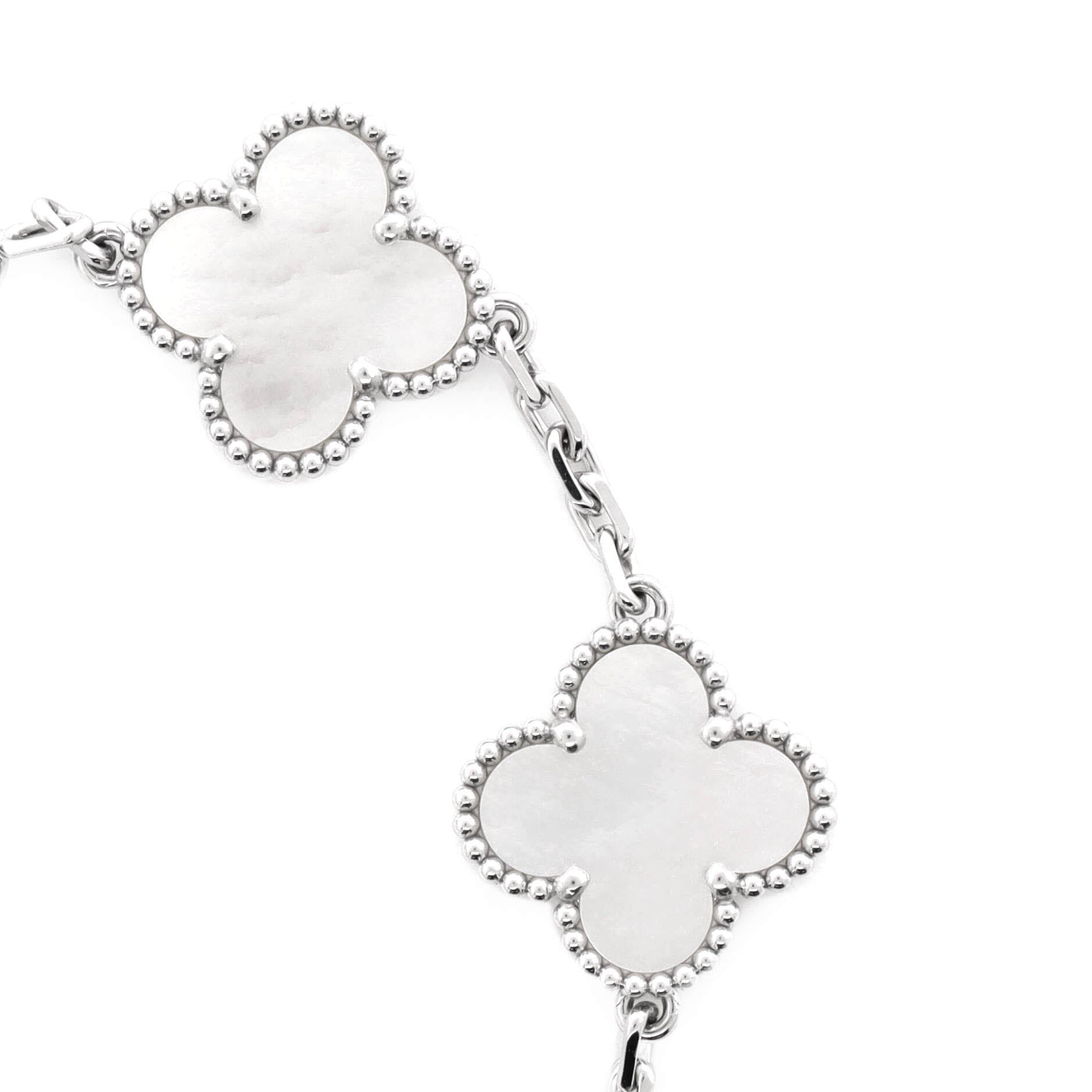 Vintage Alhambra 5 Motifs Bracelet 18K White Gold and Mother of Pearl
