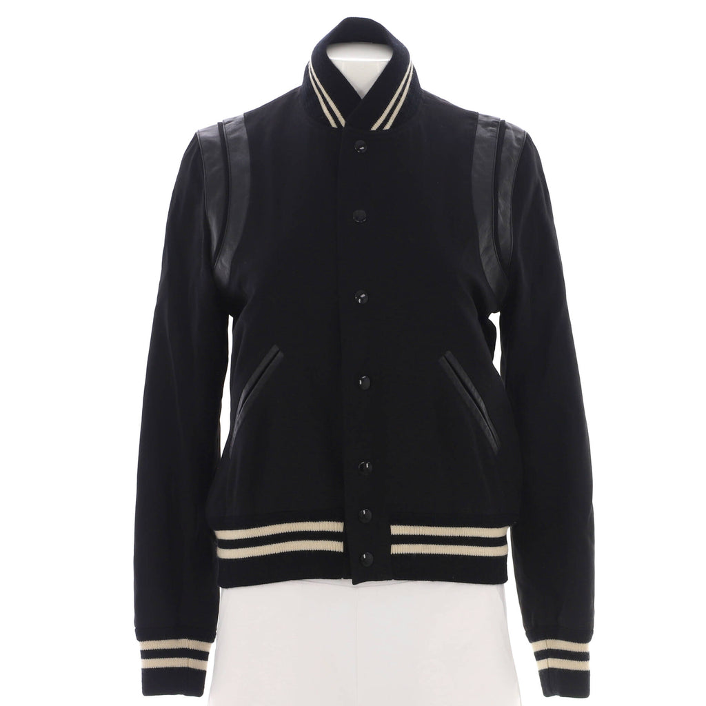Women's Classic Teddy Bomber Jacket Wool Blend with Leather