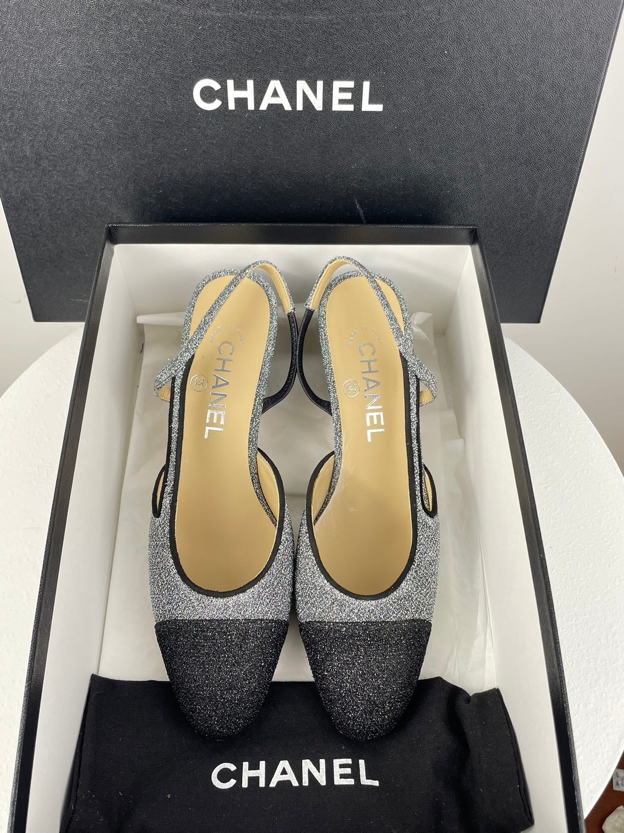 Chanel Glitter Slingback Pumps with CC Logo 37 Limited Edition