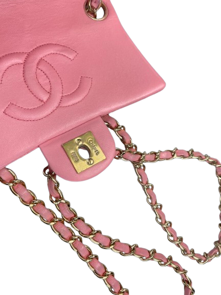 Chanel Vintage Rose Pink Classic Mini Square Flap Bag in Lambskin with Gold Hardware