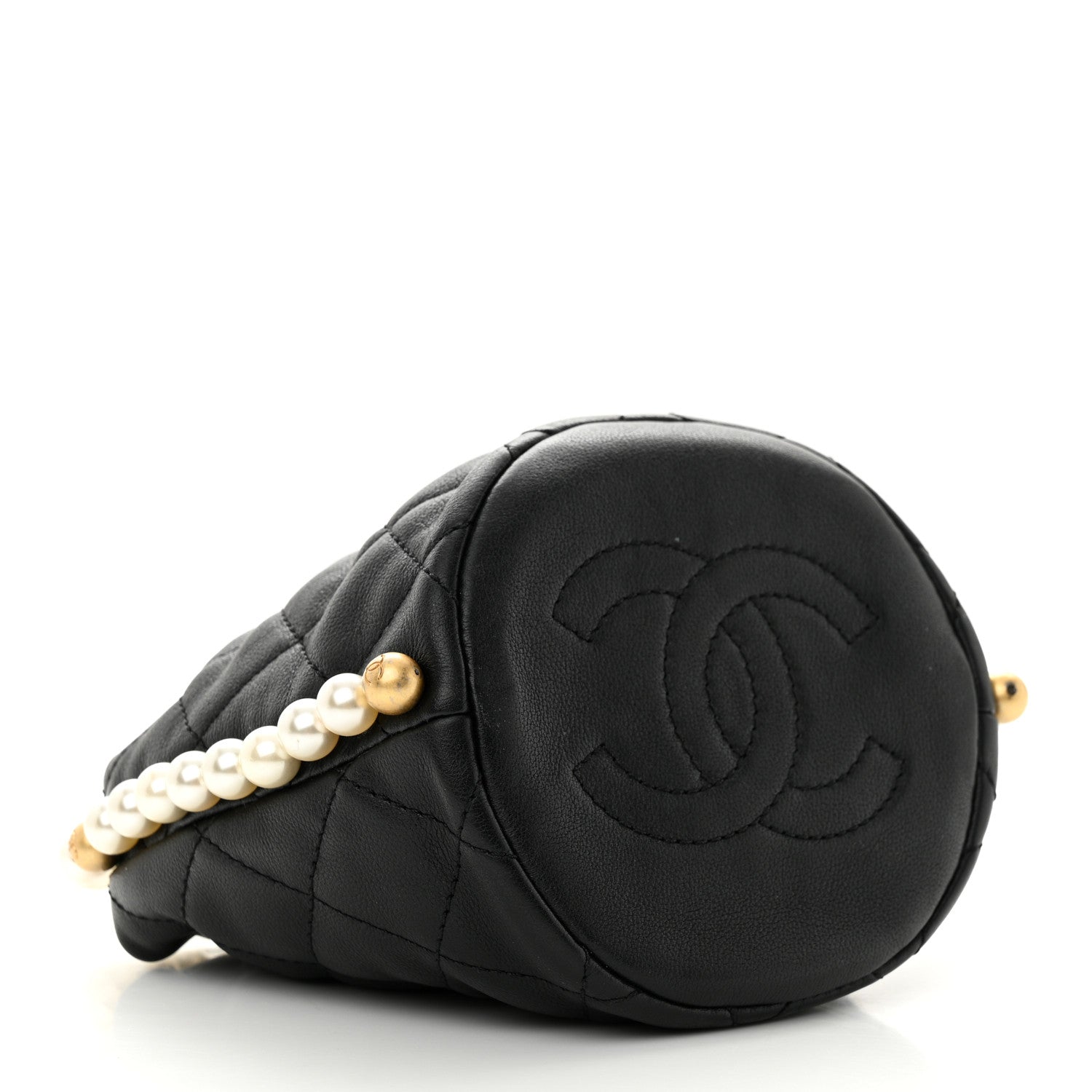 Calfskin Quilted Pearl Mini About Pearls Drawstring Bucket Bag Black