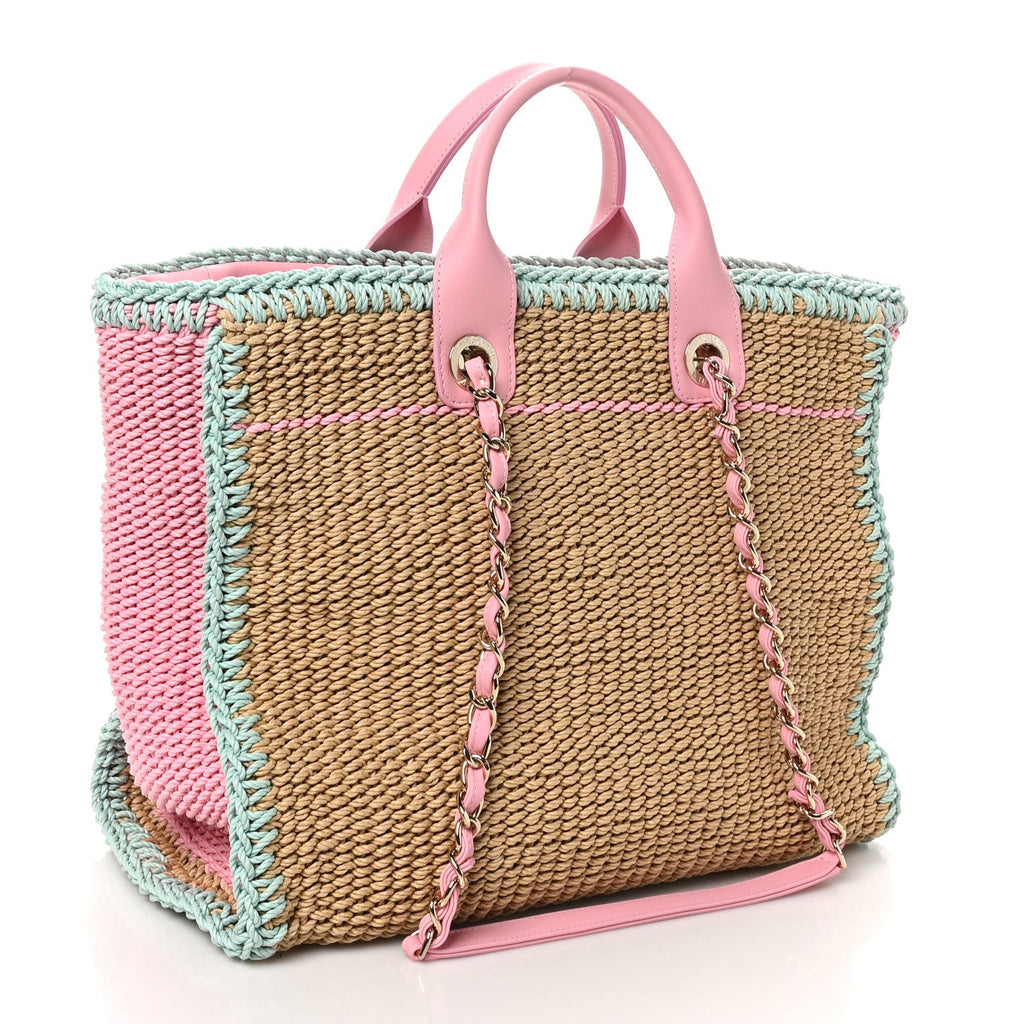 Raffia Crochet Medium Deauville Tote Beige Light Pink Green