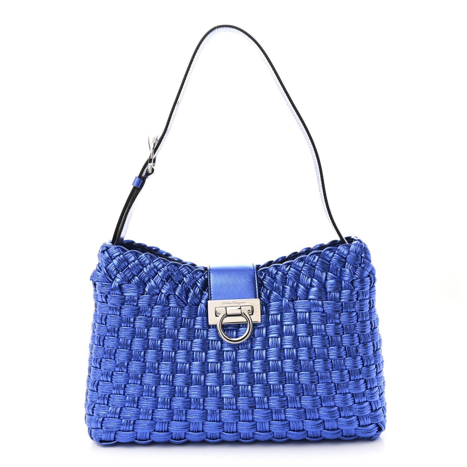Metallic Woven Calfskin Trifolio Shoulder Bag Bluette