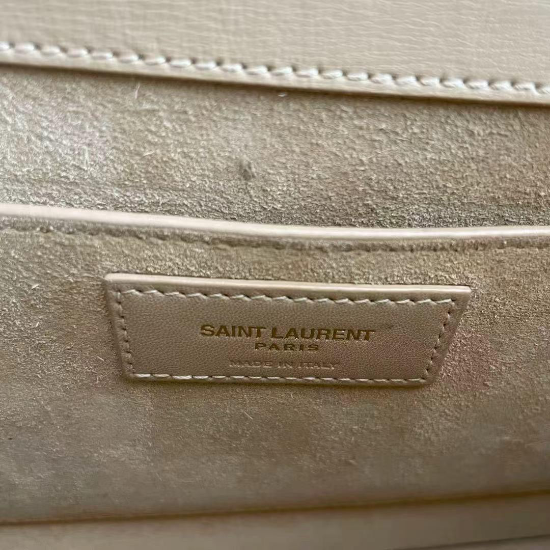 Saint Laurent Sunset Bag Medium Calfskin Monogram Beige with Gold Hardware