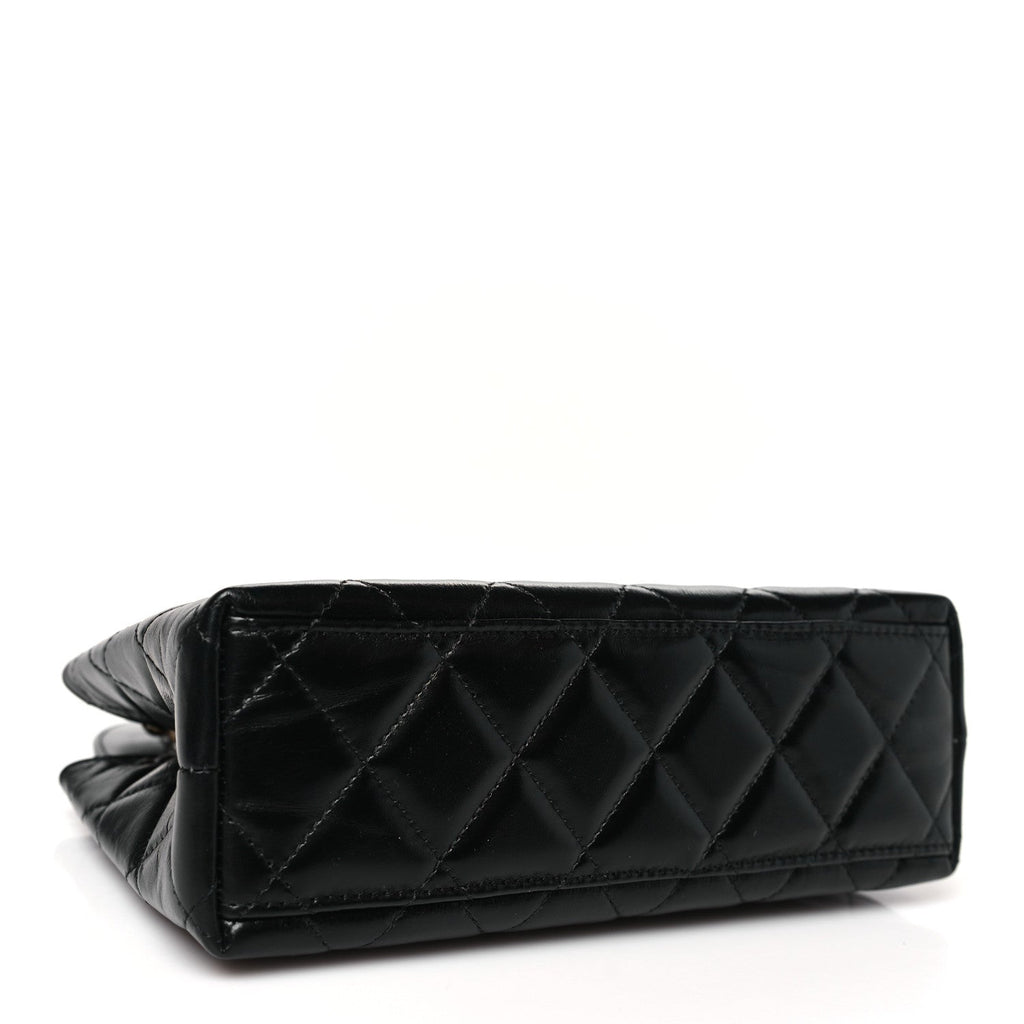 Shiny Aged Calfskin Quilted Nano Kelly Shopper Black