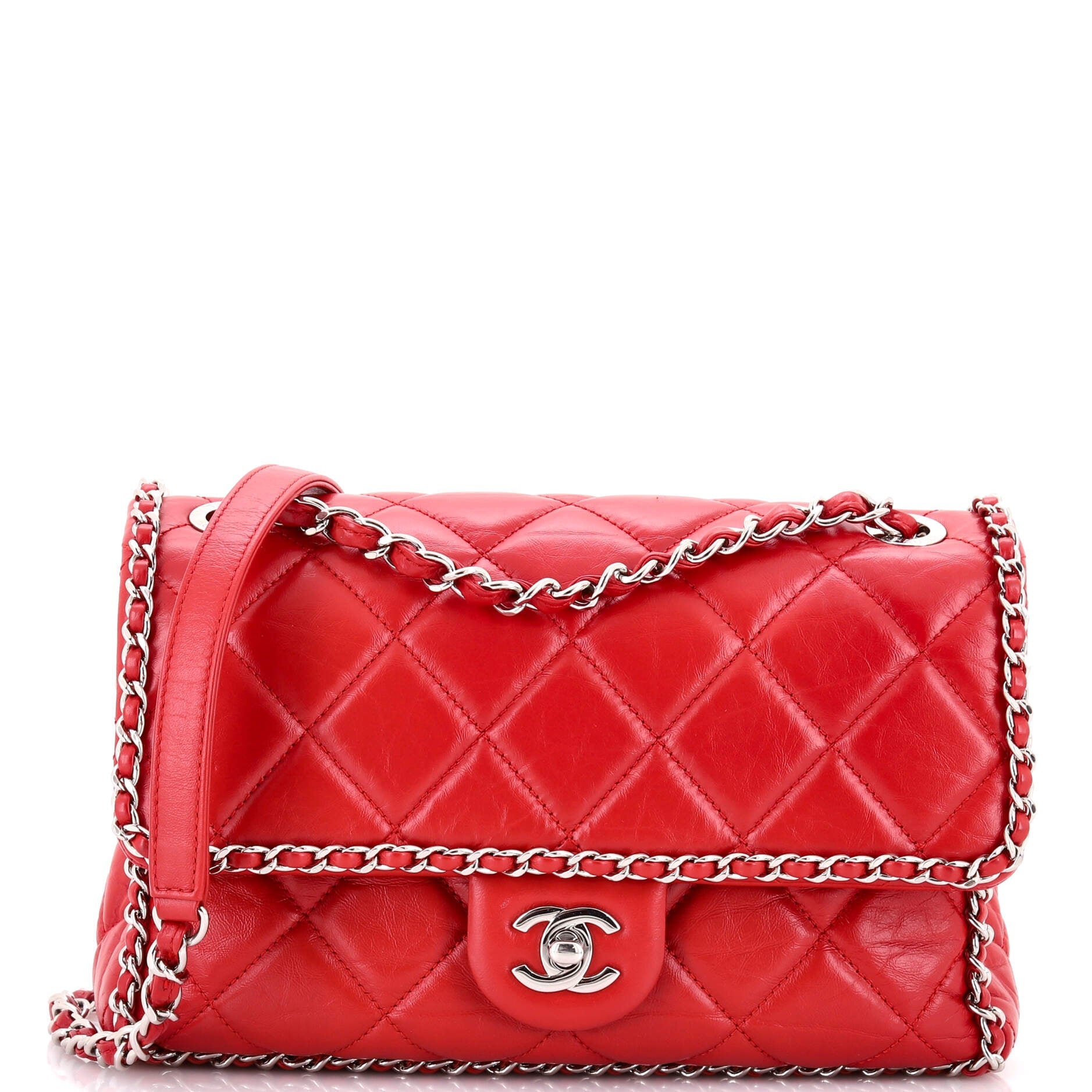Running Chain Around Flap Bag Quilted Crumpled Calfskin Medium