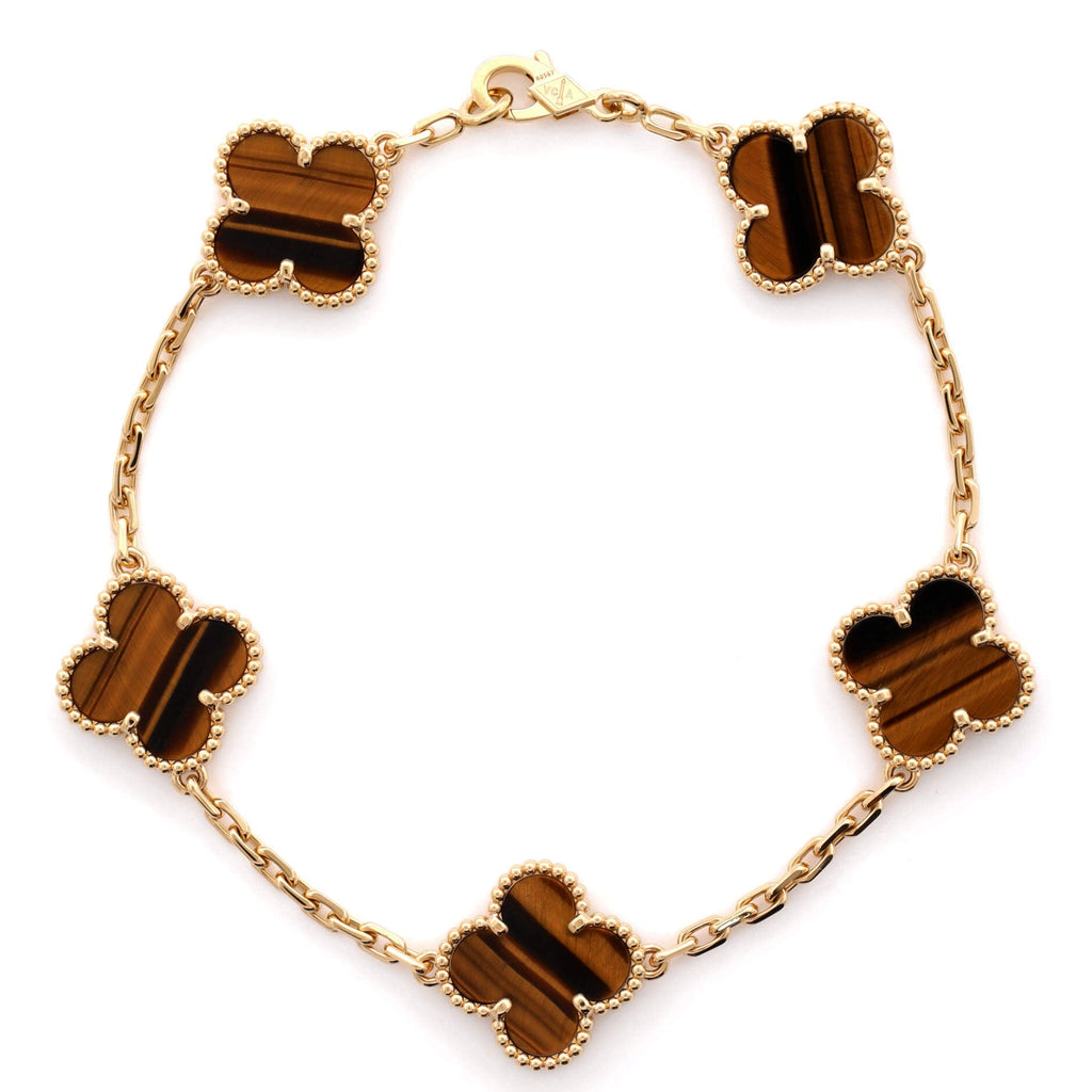 Vintage Alhambra 5 Motifs Bracelet 18K Yellow Gold and Tiger Eye