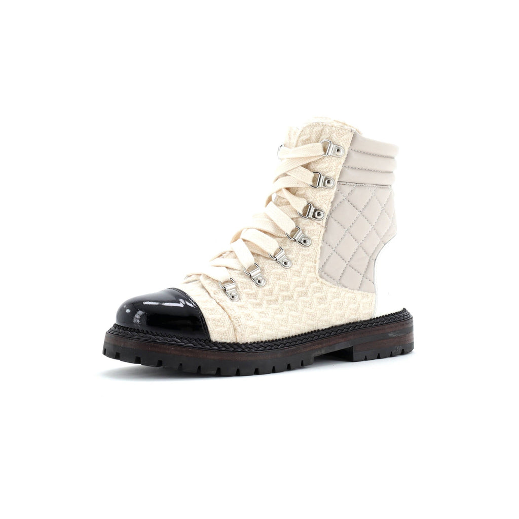 Women's Cap Toe Combat Boots Tweed and Quilted Leather