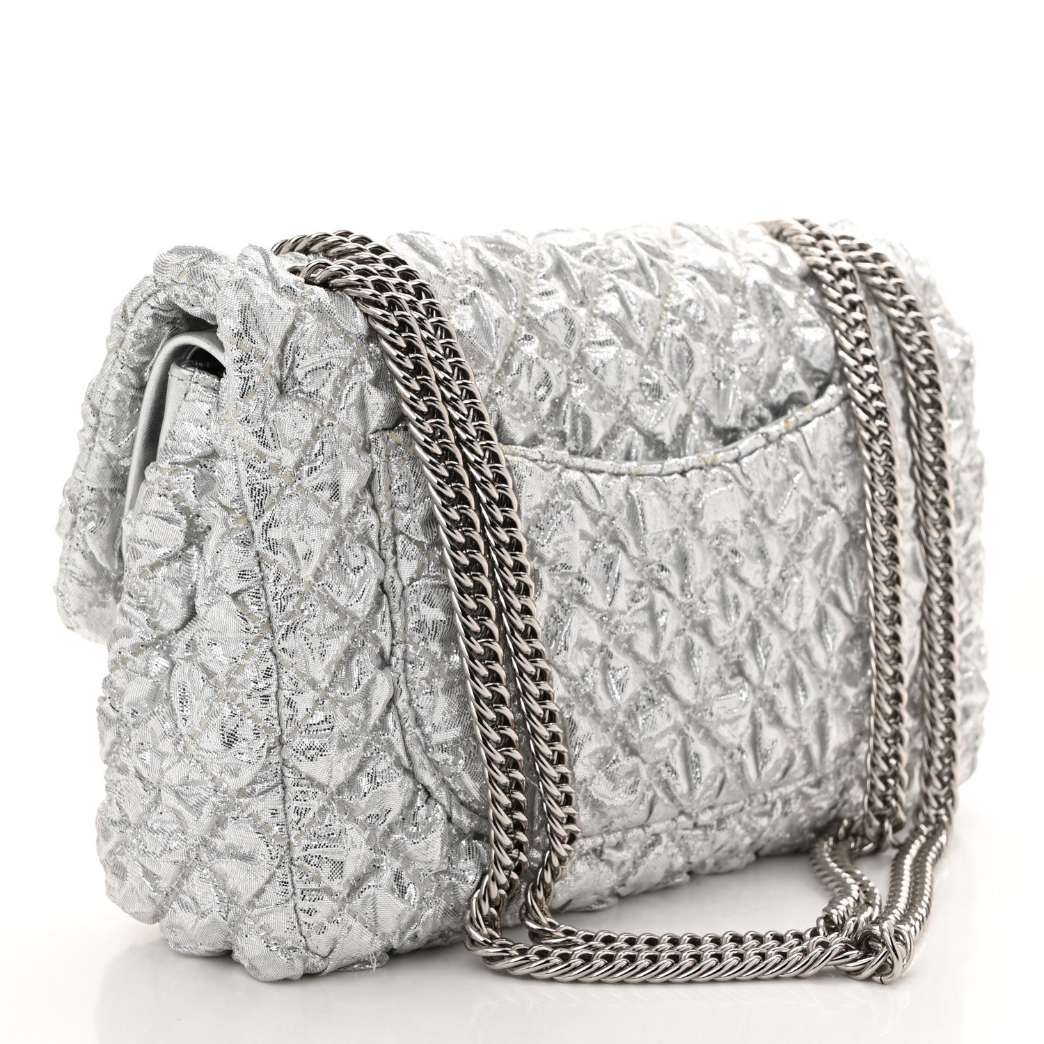 Metallic Lame Quilted Small Double Flap Silver