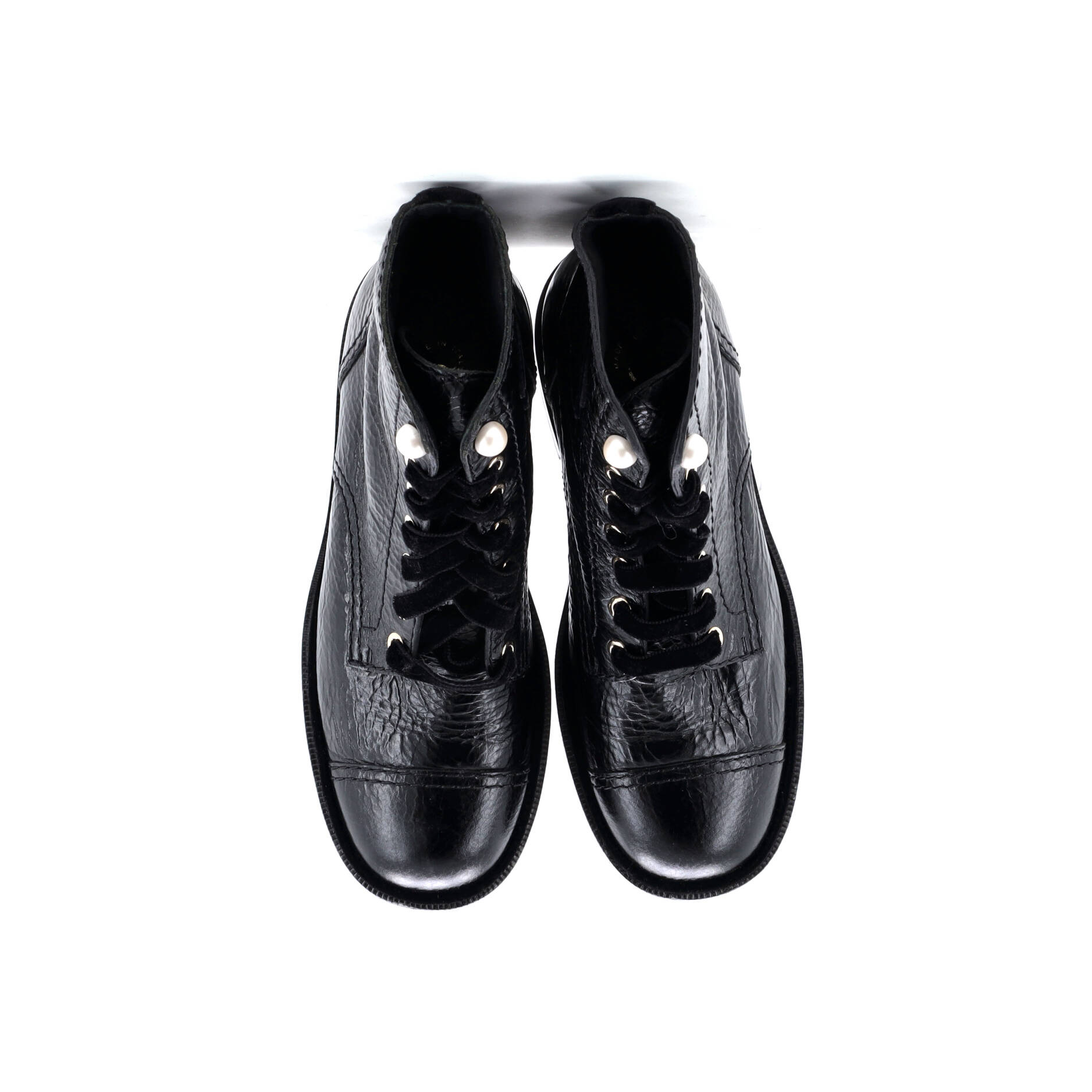 Women's CC Combat Boots Crumpled Calfskin with Faux Pearls