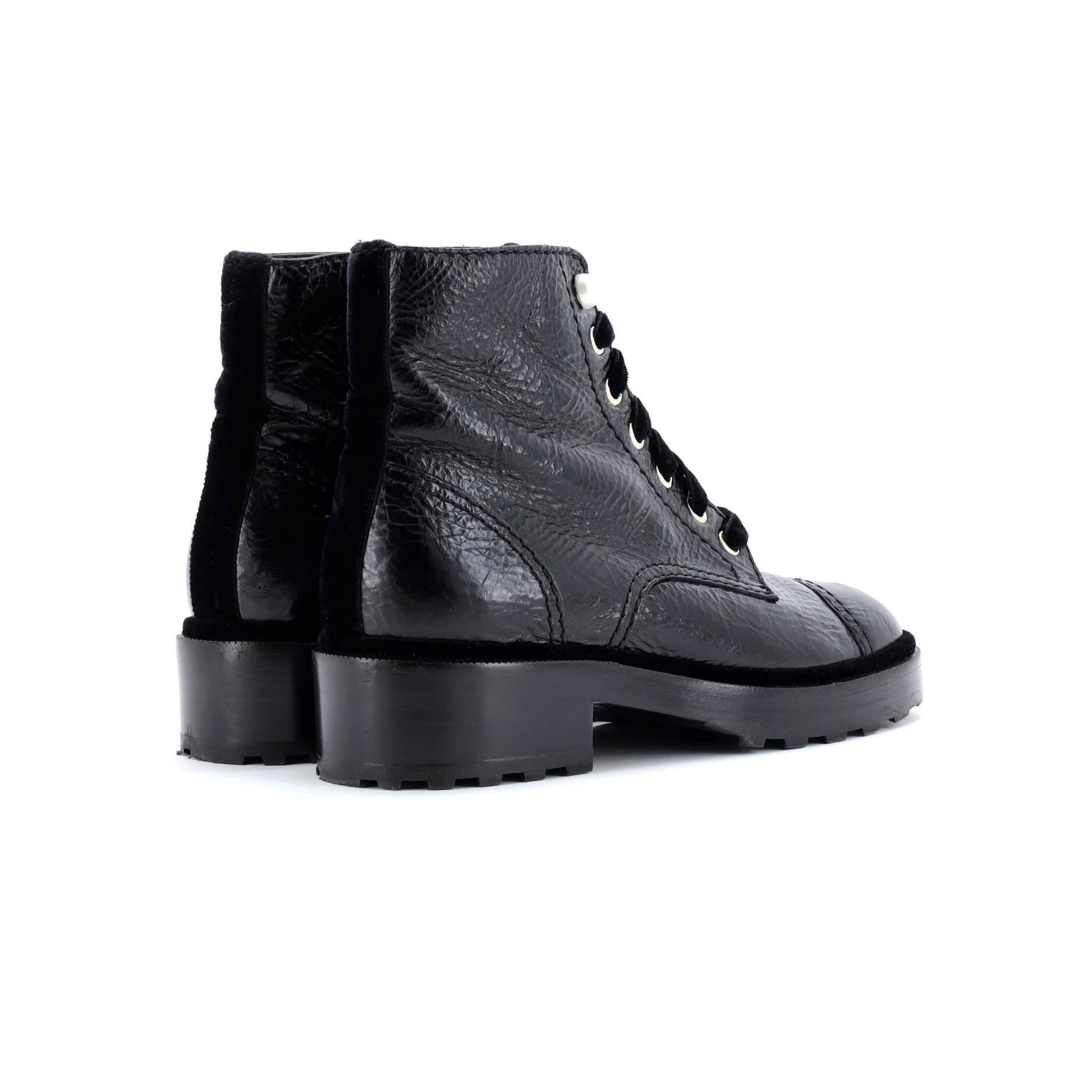 Women's CC Combat Boots Crumpled Calfskin with Faux Pearls