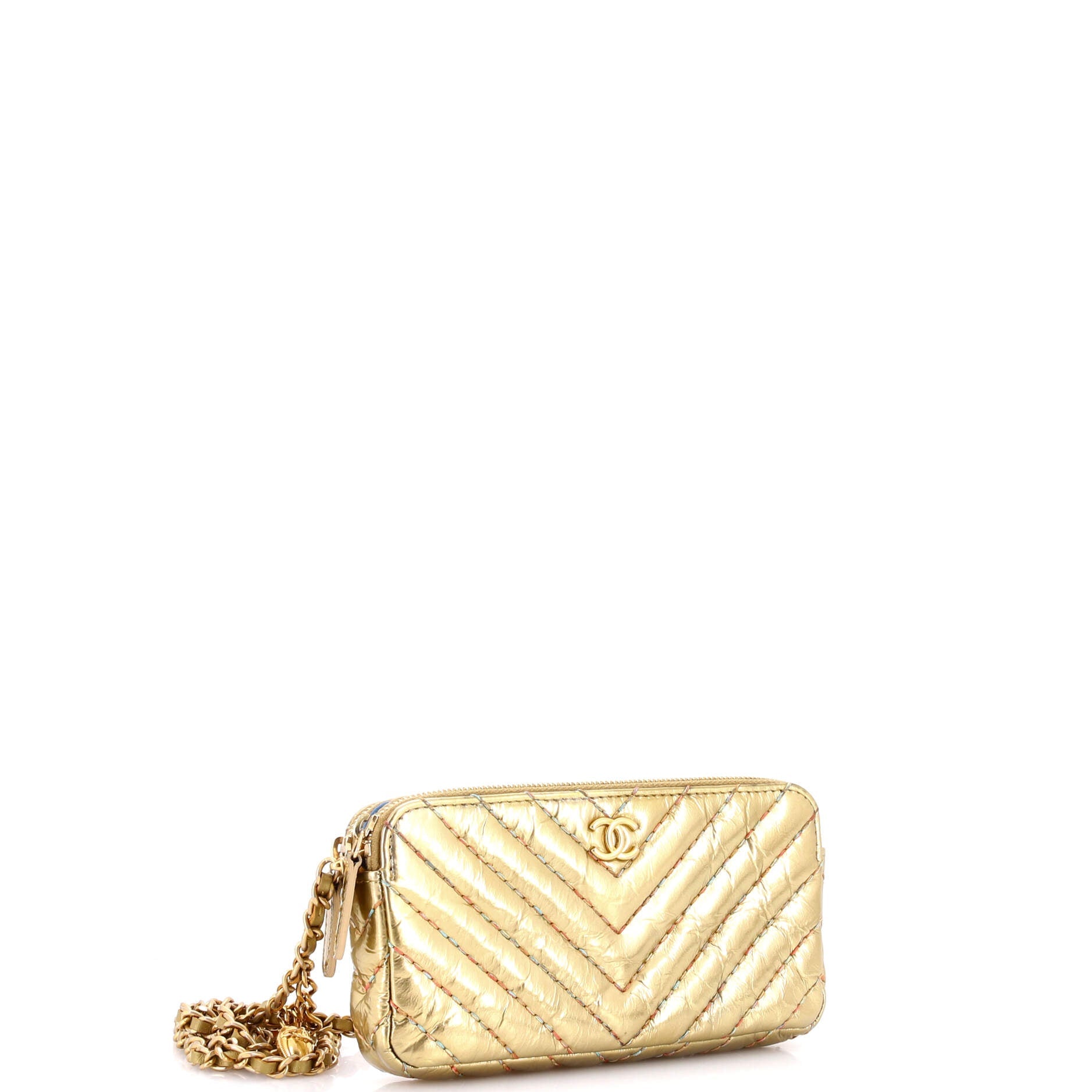 Beetle Charm Double Zip Clutch with Chain Chevron Crumpled Metallic Patent