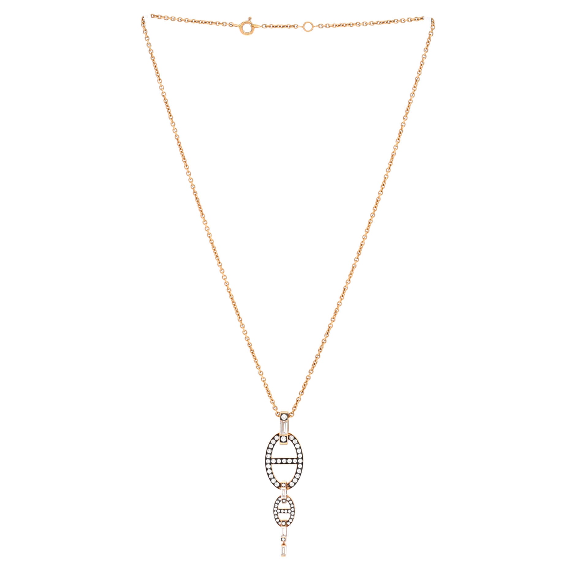 Double Chaine d'Ancre Baguette Cut Pendant Necklace 18K Rose Gold with Diamonds