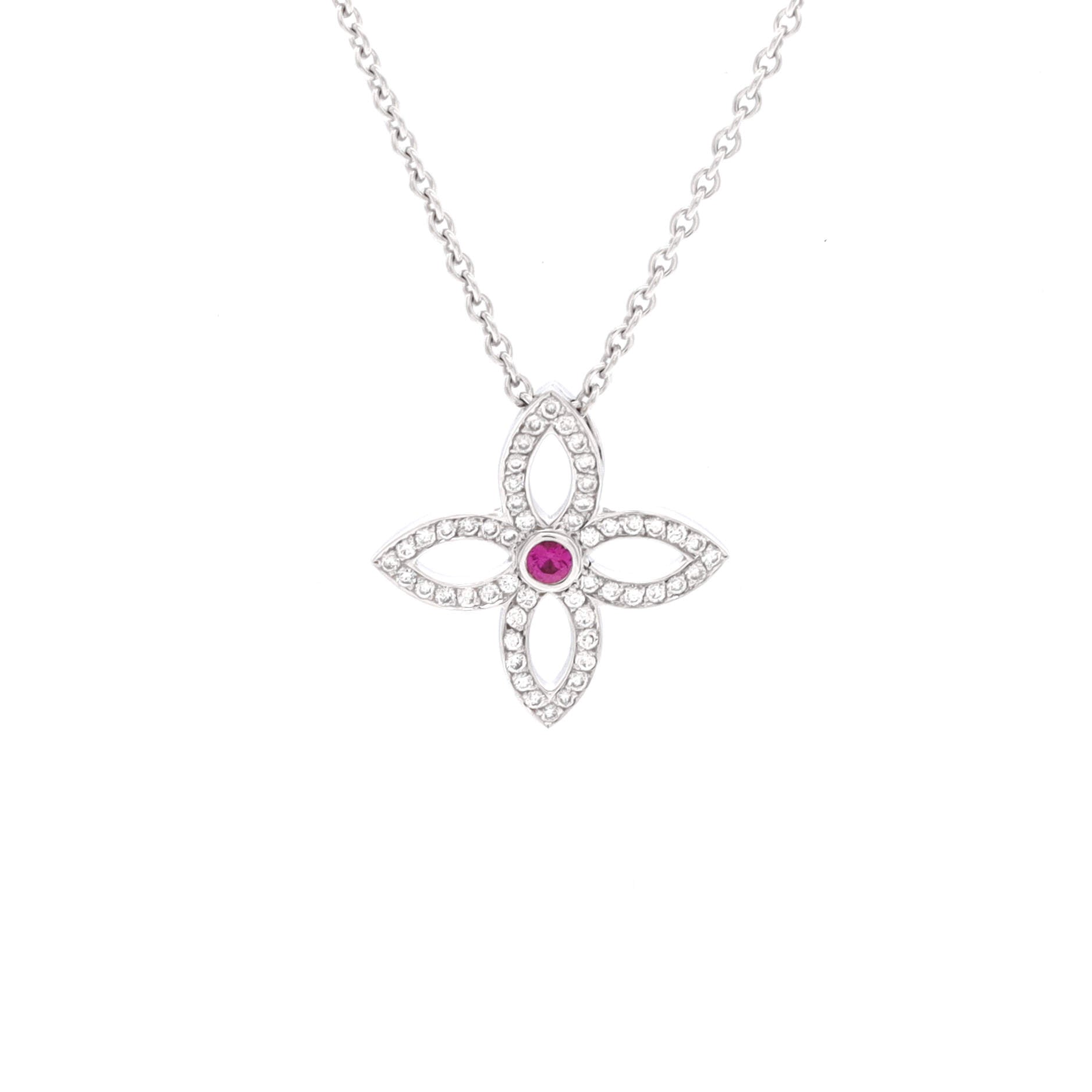 Blossom Pendant Necklace 18K White Gold with Diamonds and Pink Sapphire