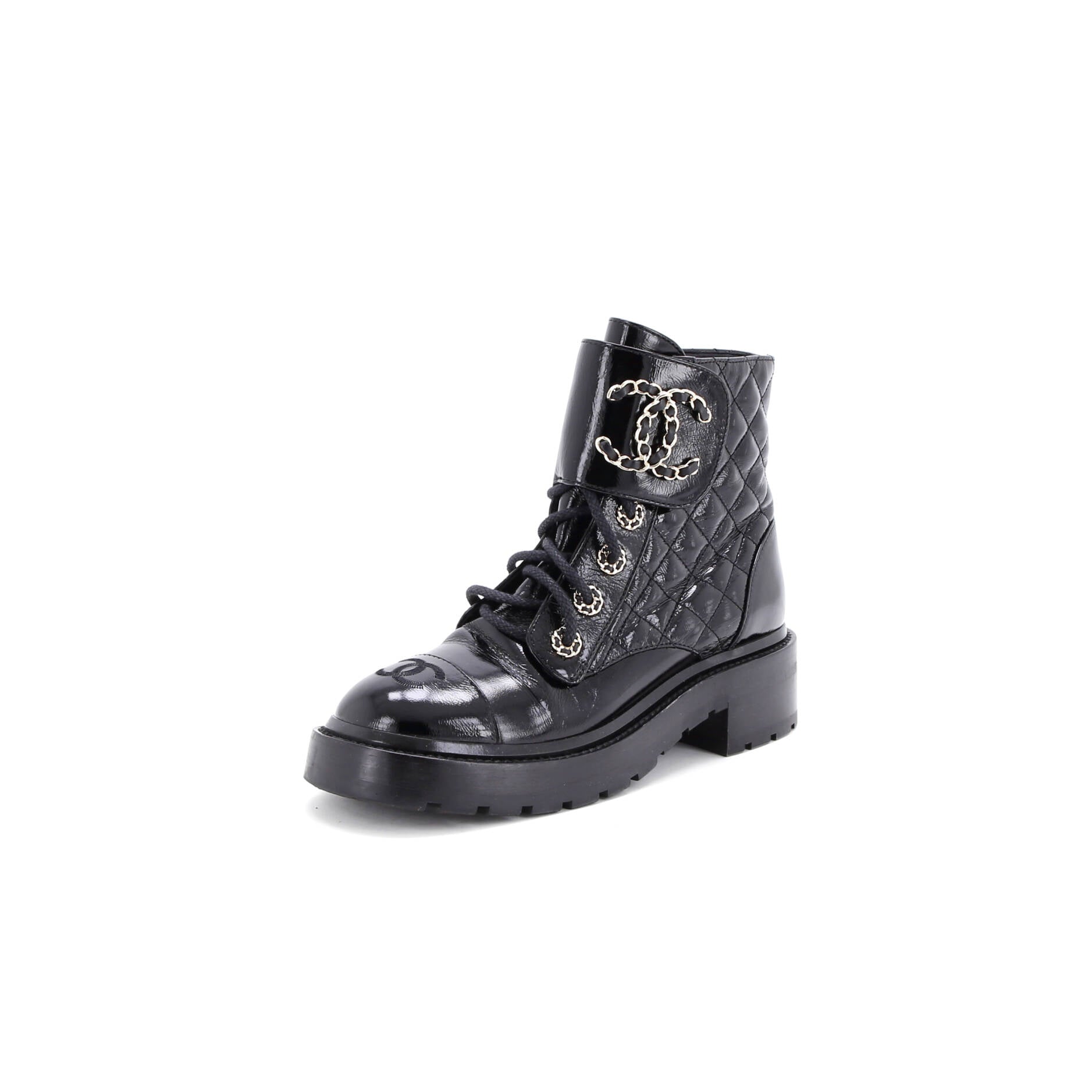 Women's Chain CC Cap Toe Lace Up Combat Boots Quilted Shiny Calfskin