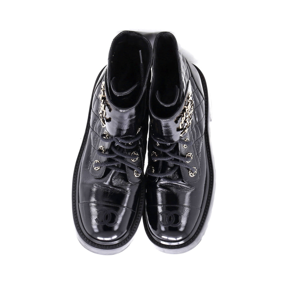 Women's Chain CC Cap Toe Lace Up Combat Boots Quilted Shiny Calfskin