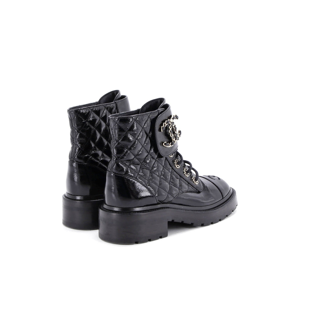 Women's Chain CC Cap Toe Lace Up Combat Boots Quilted Shiny Calfskin
