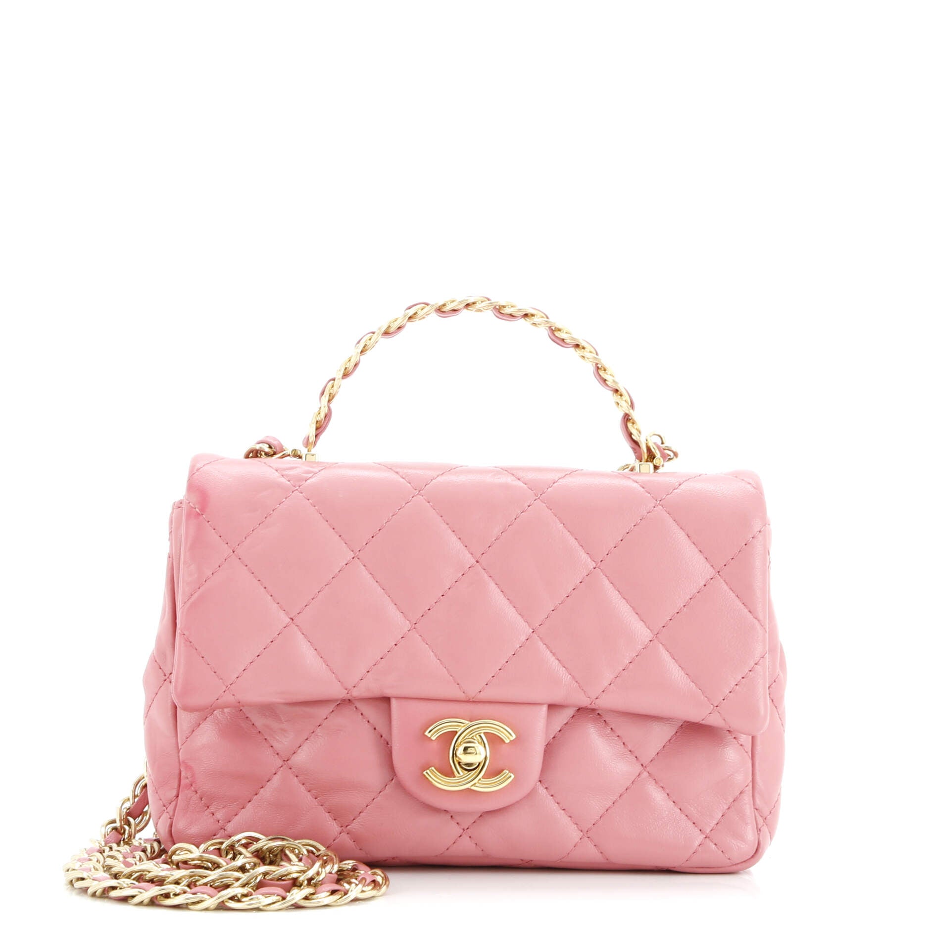 Golden Links Top Handle Flap Bag Quilted Shiny Lambskin Small