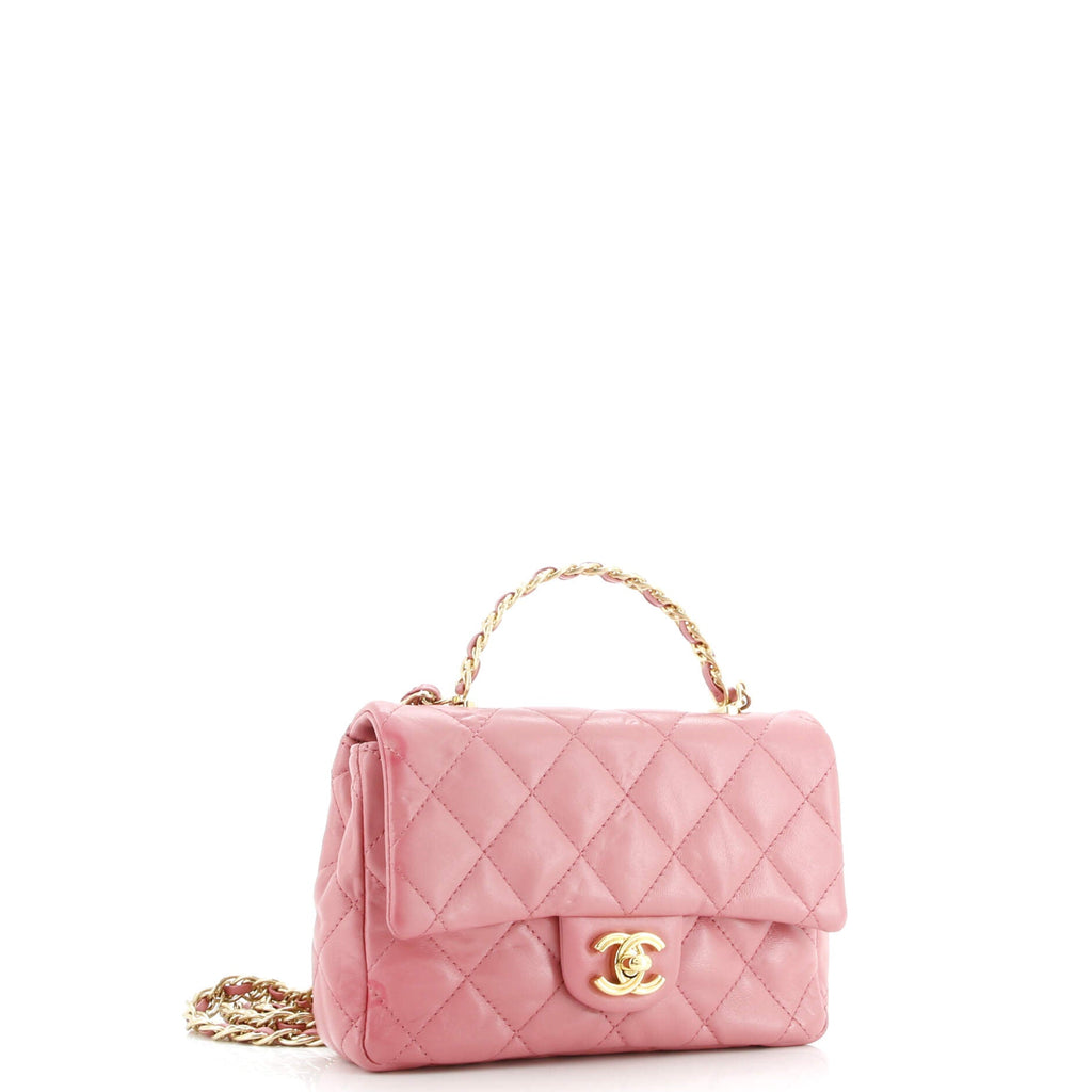 Golden Links Top Handle Flap Bag Quilted Shiny Lambskin Small